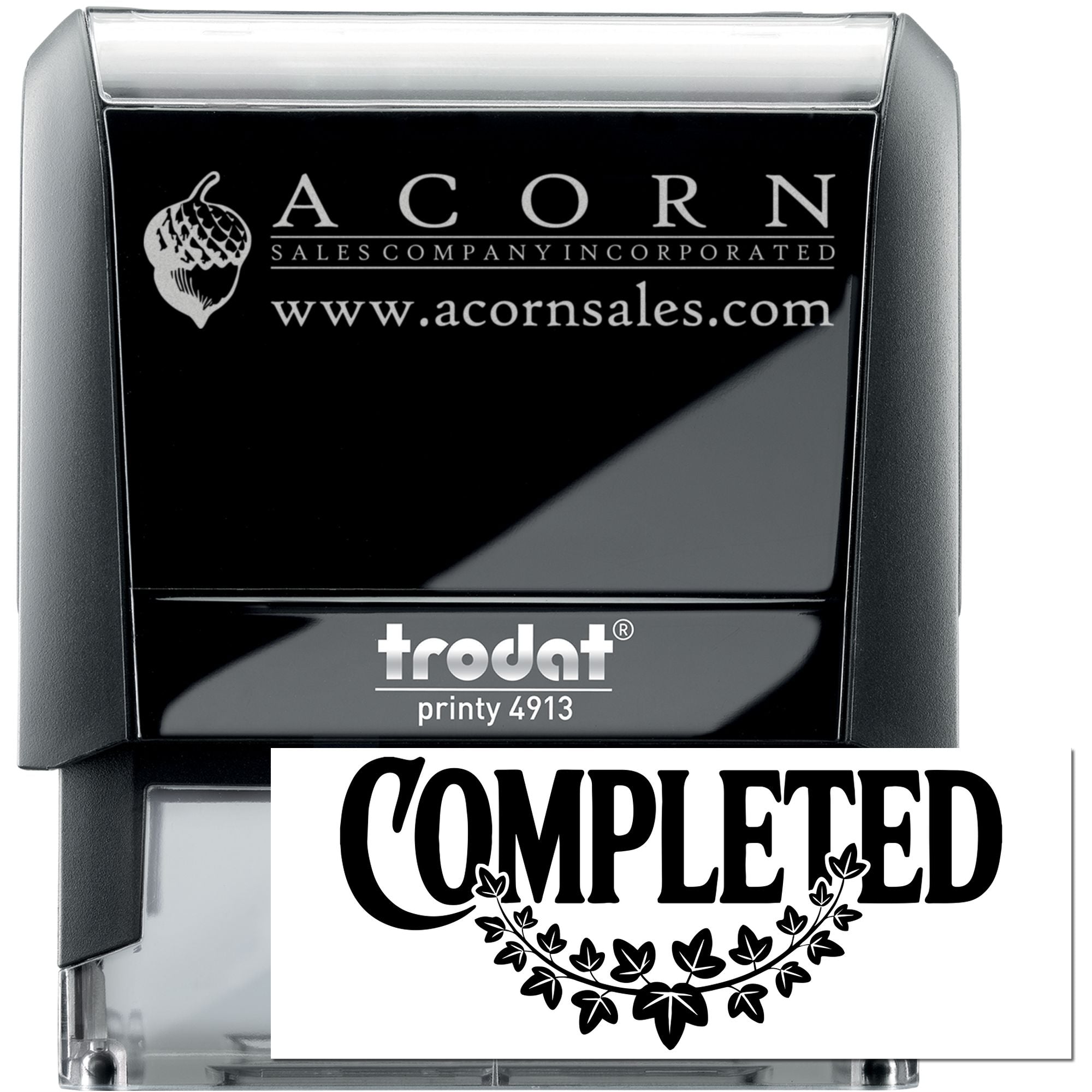 Custom self-inking rubber stamp, Trodat Printy 4913, displaying completed floral wreath imprint for Acorn Sales Company.