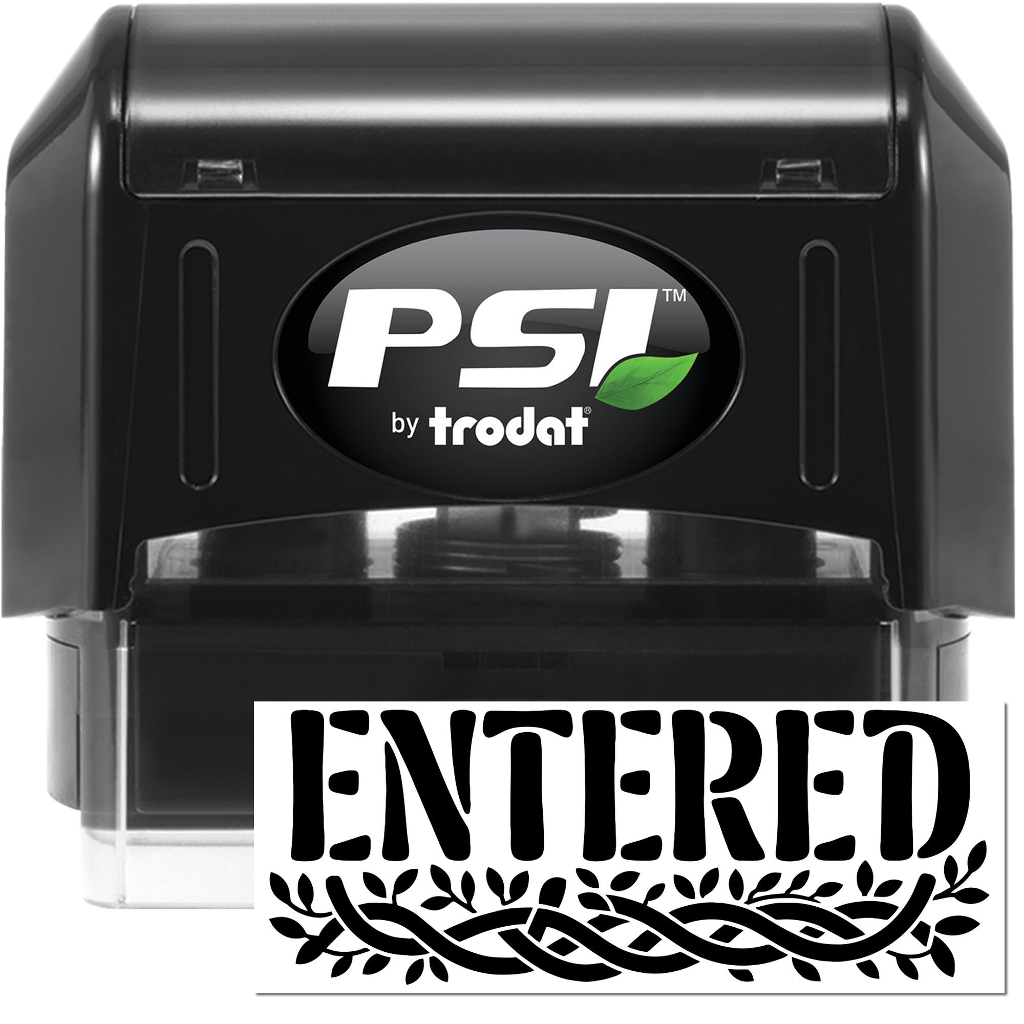 PSI by Trodat self-inking ENTERED rubber stamp for office document approval and filing.