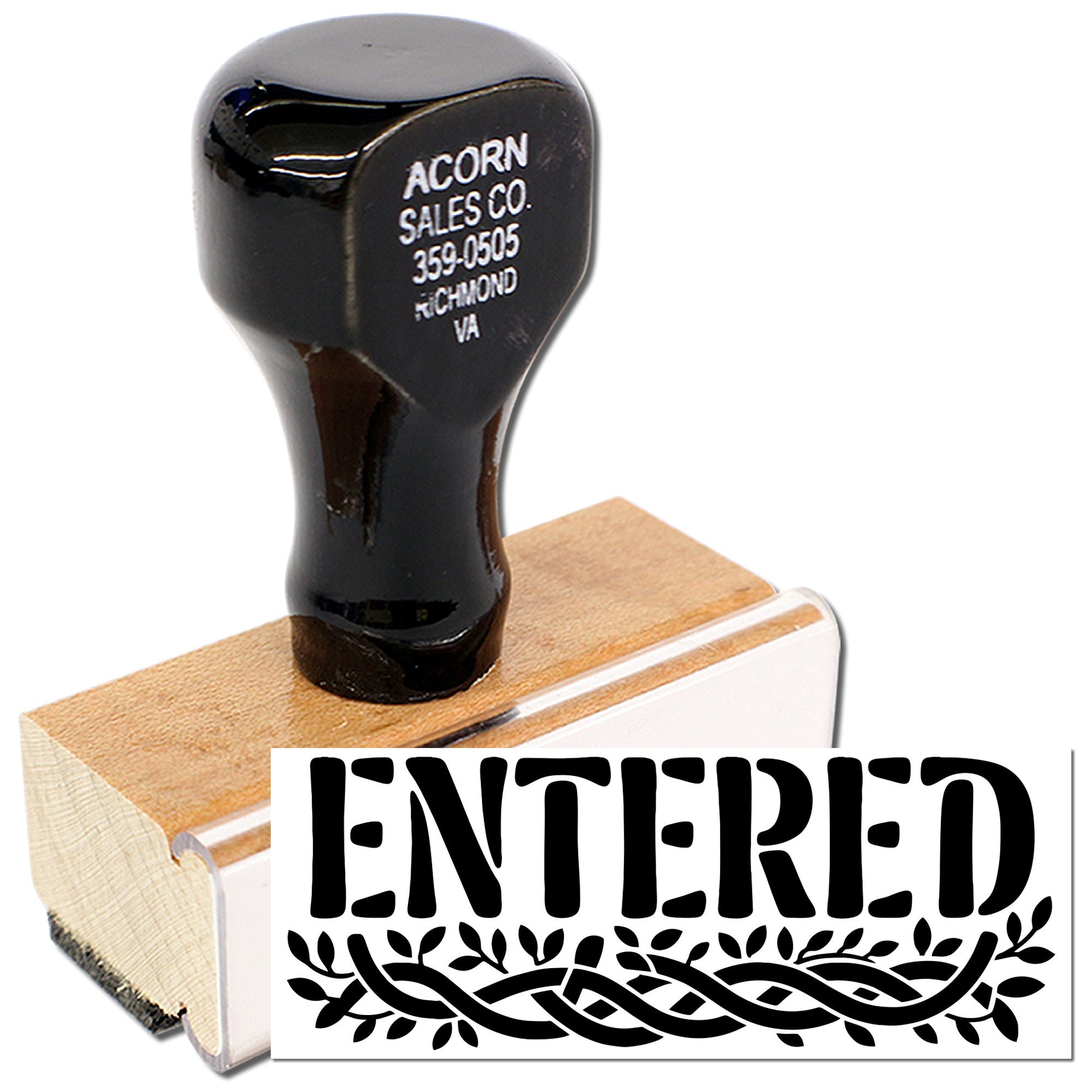 ENTERED rubber stamp with wood handle, ideal for office document processing and record-keeping marks.