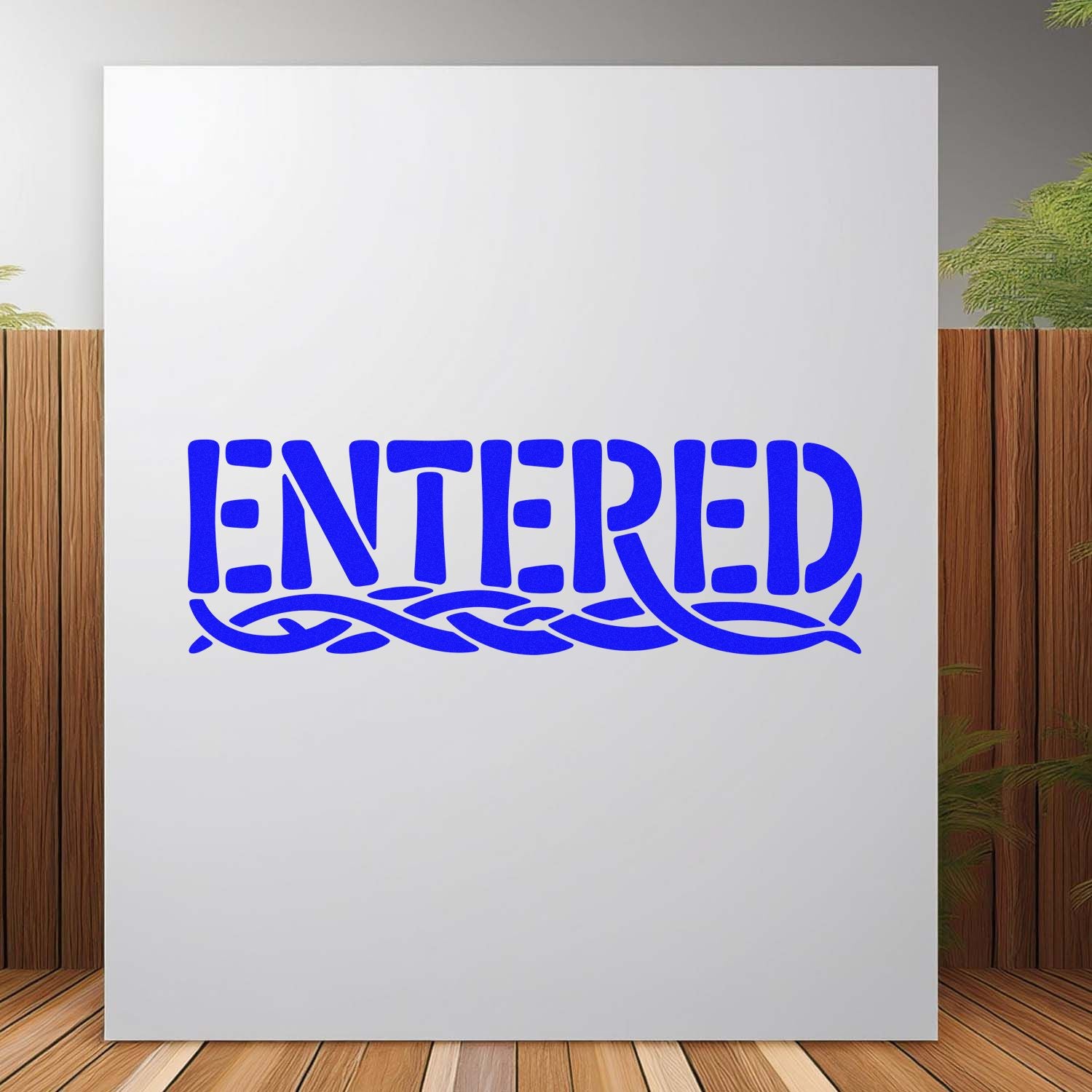 Blue ENTERED rubber stamp design with decorative wave underline for office documents.