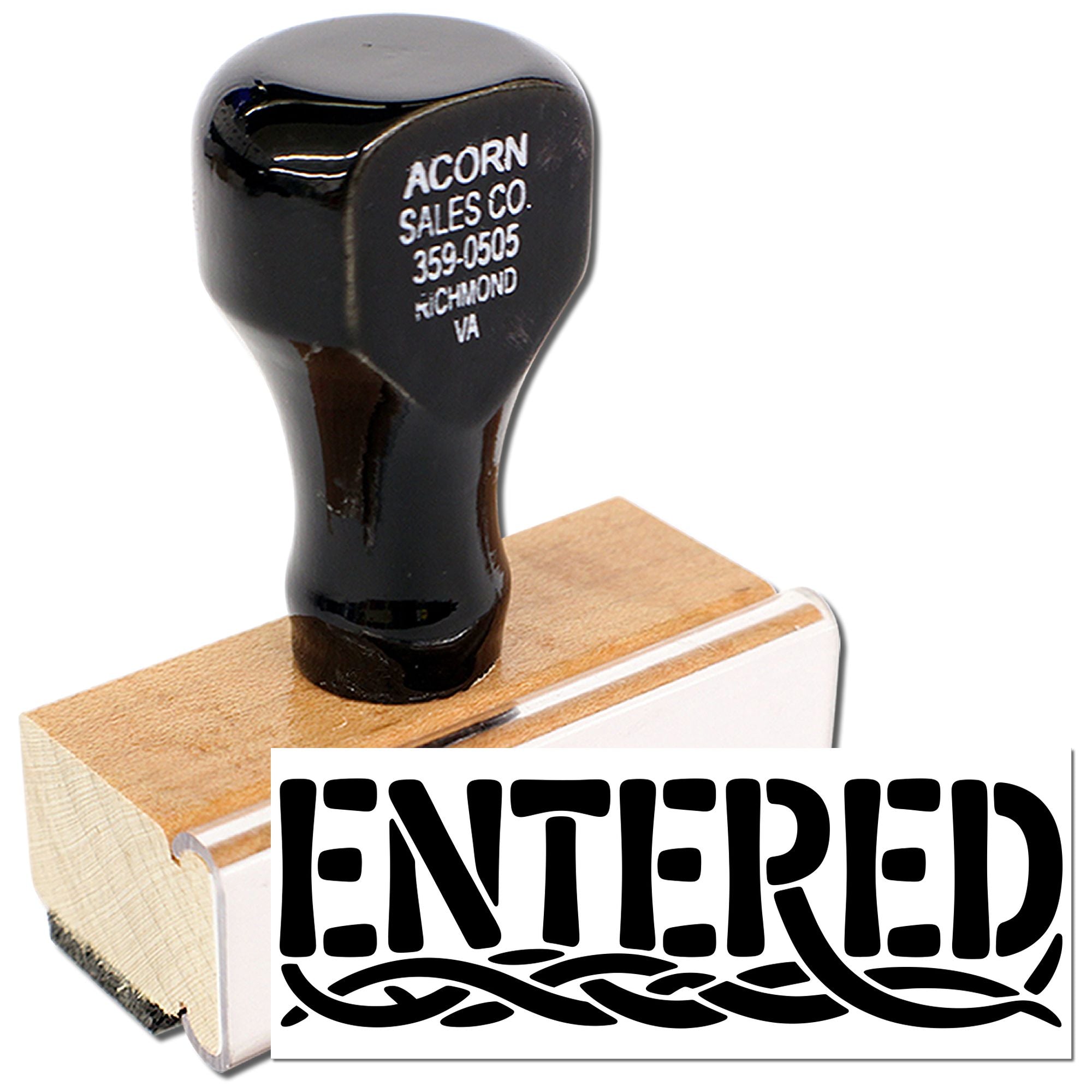 Custom ENTERED rubber stamp with company address for office document marking and mail processing.