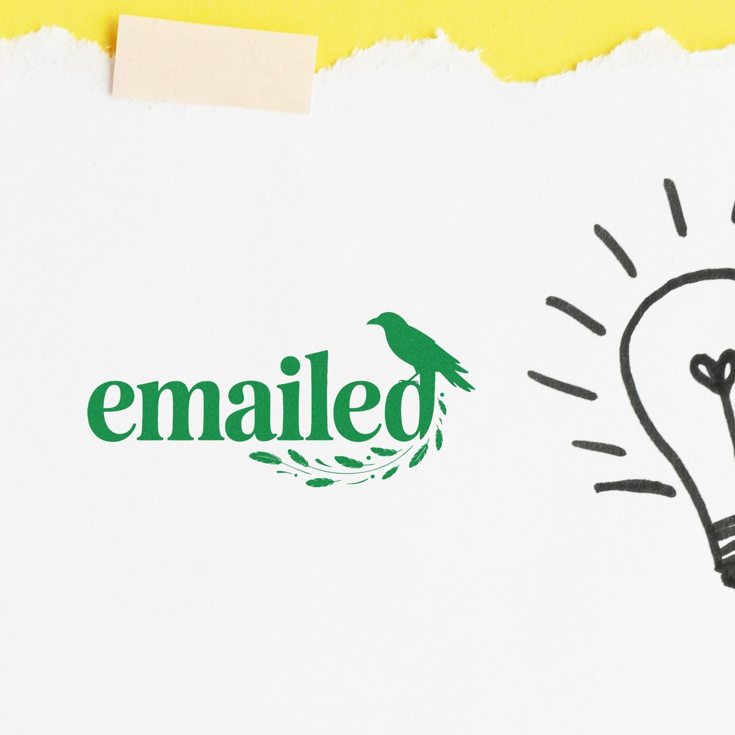 Green Emailed rubber stamp with bird and leaf design for office mail tracking on white paper.