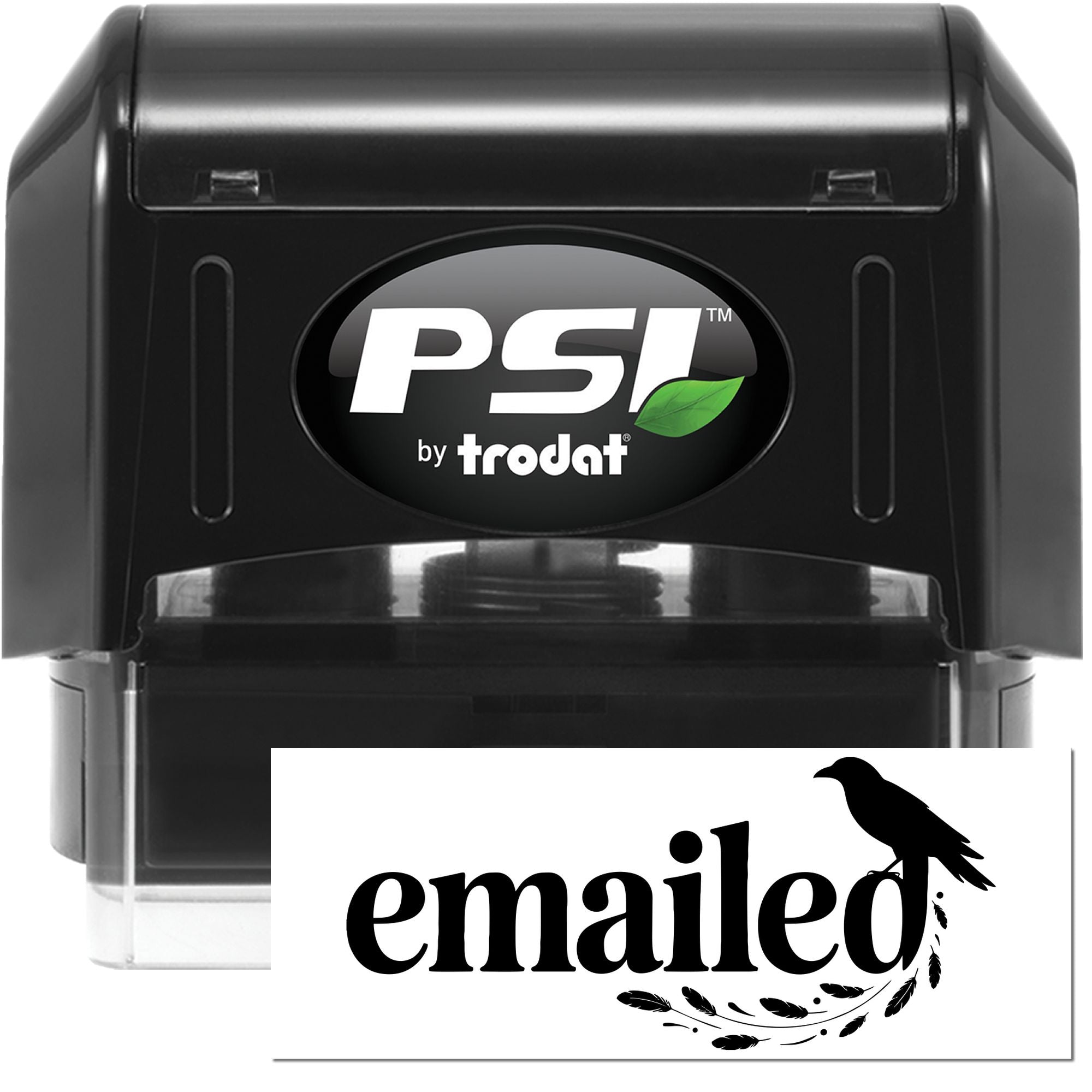 PSI by Trodat self-inking rubber stamp with emailed word imprint and bird graphic for office mail and document marking.