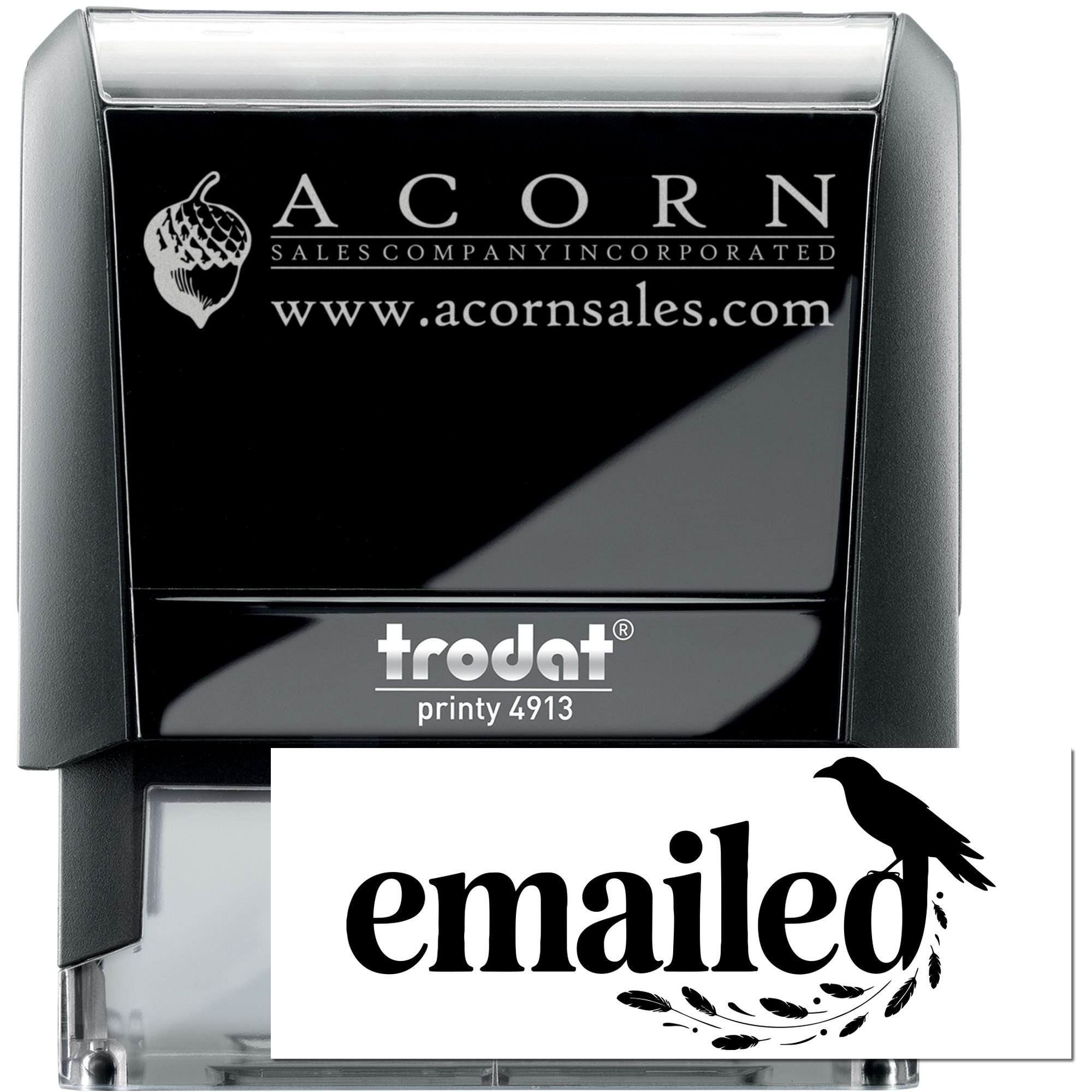 Custom self-inking rubber stamp Trodat Printy 4913 with Acorn Sales logo and emailed imprint for office use.