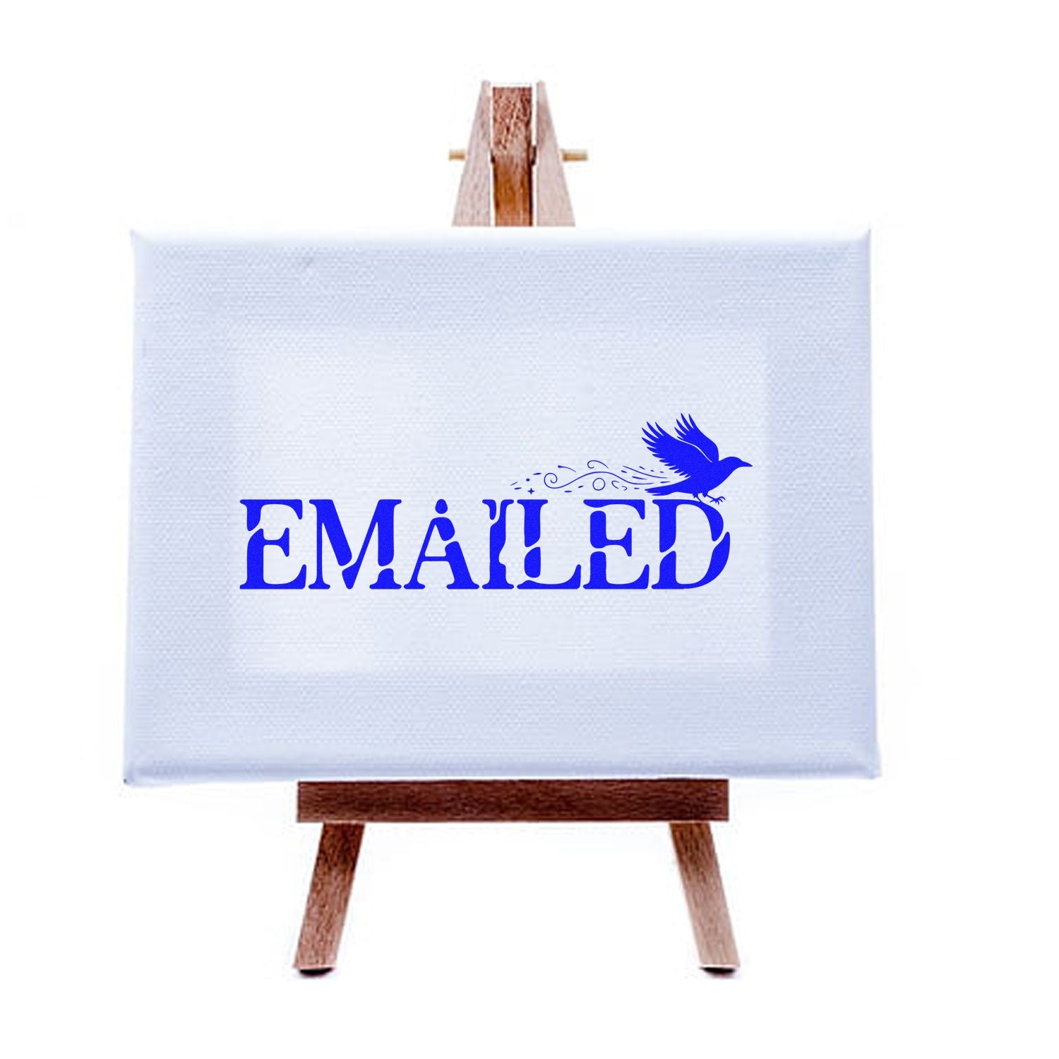 EMAILED rubber stamp design with flying bird graphic displayed on canvas easel