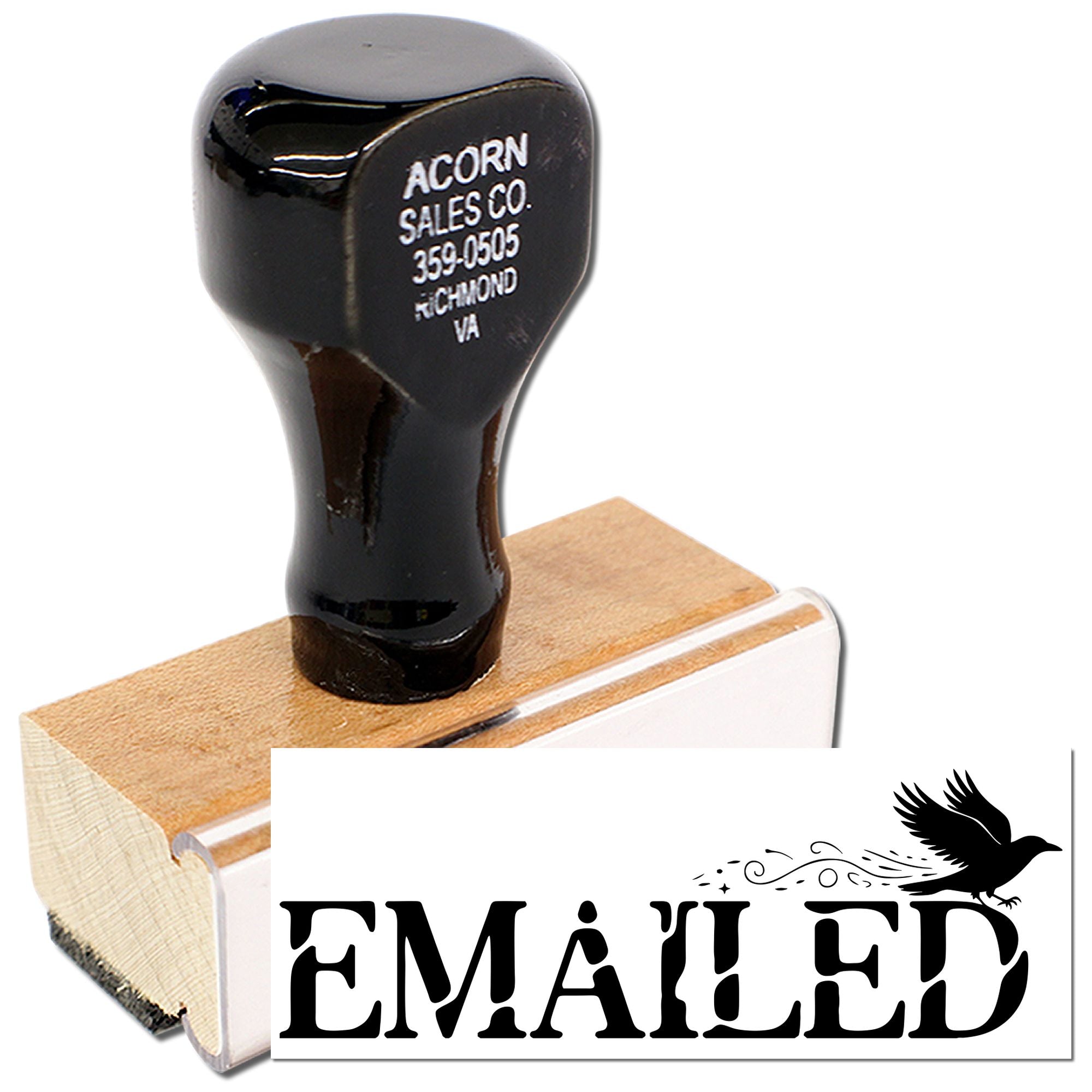 Custom emailed rubber stamp on wood block for office document marking and mail processing.