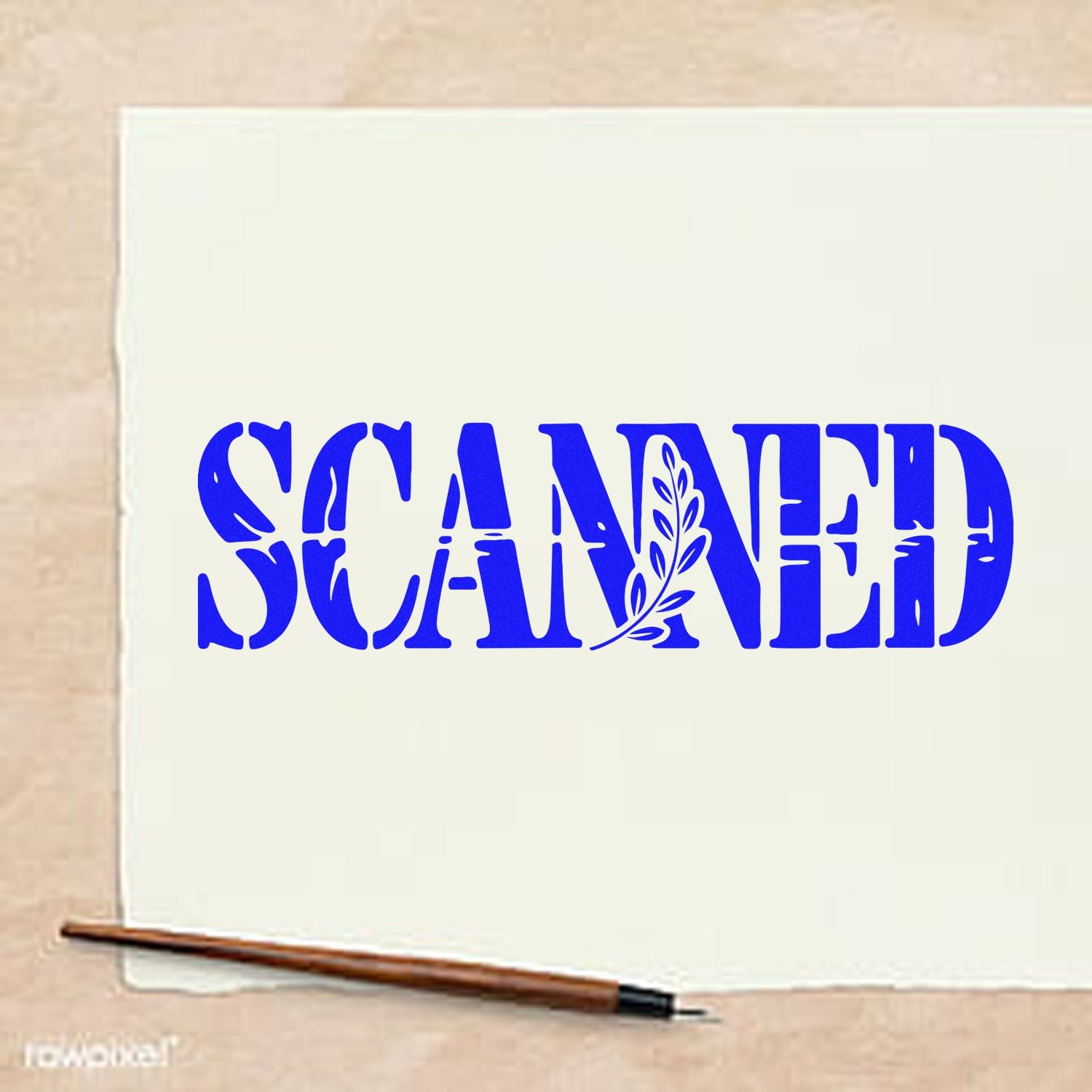 Blue SCANNED stencil rubber stamp design with leaf accent for scrapbooking, packaging, and craft projects.