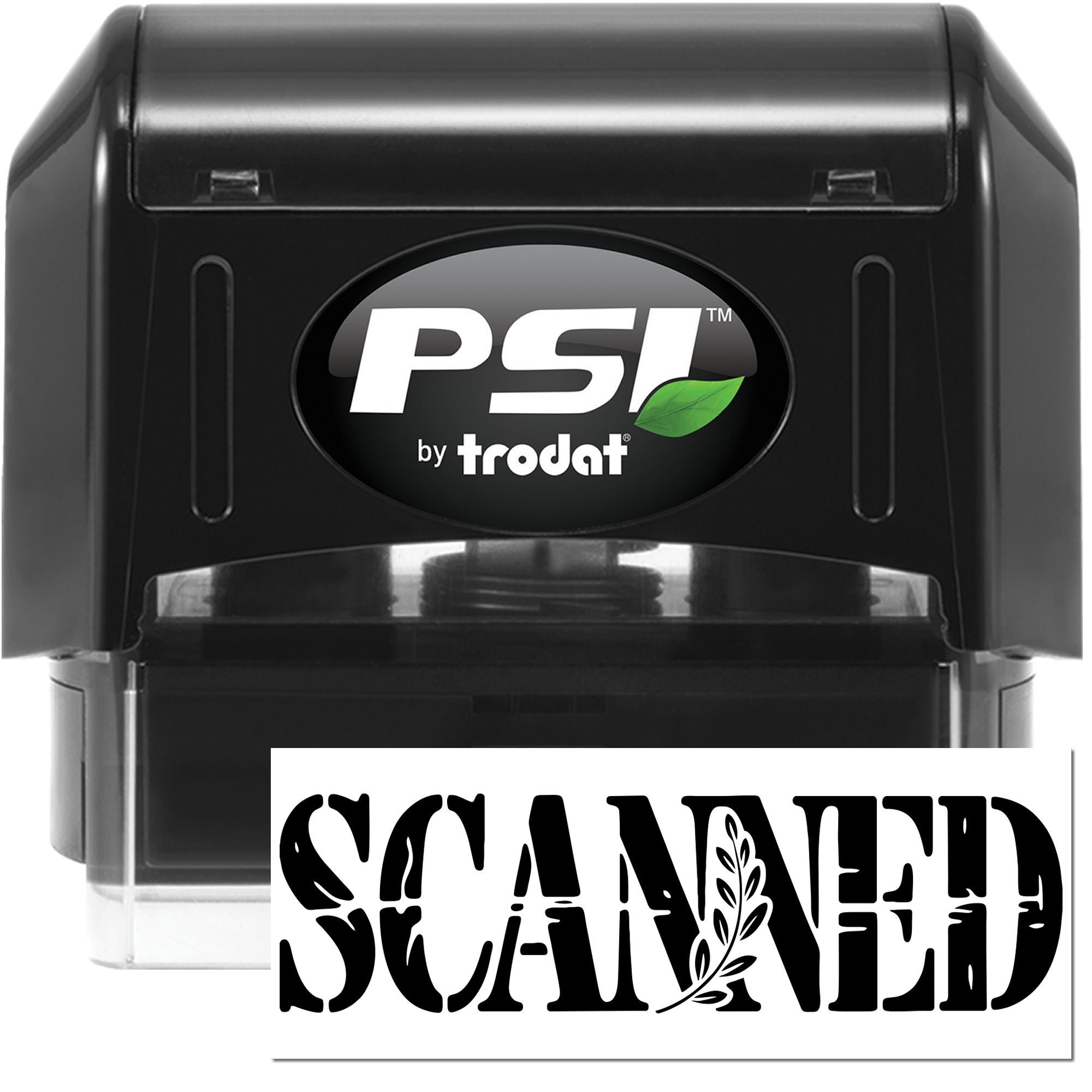 PSI by Trodat self-inking rubber stamp with custom SCANNED imprint for office document processing.