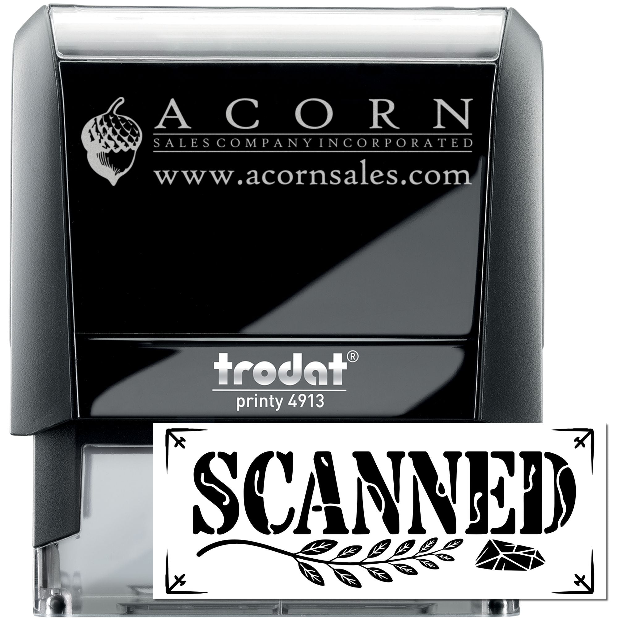 Self-inking Trodat Printy 4913 custom rubber stamp for Acorn Sales Company, logo and website imprint.