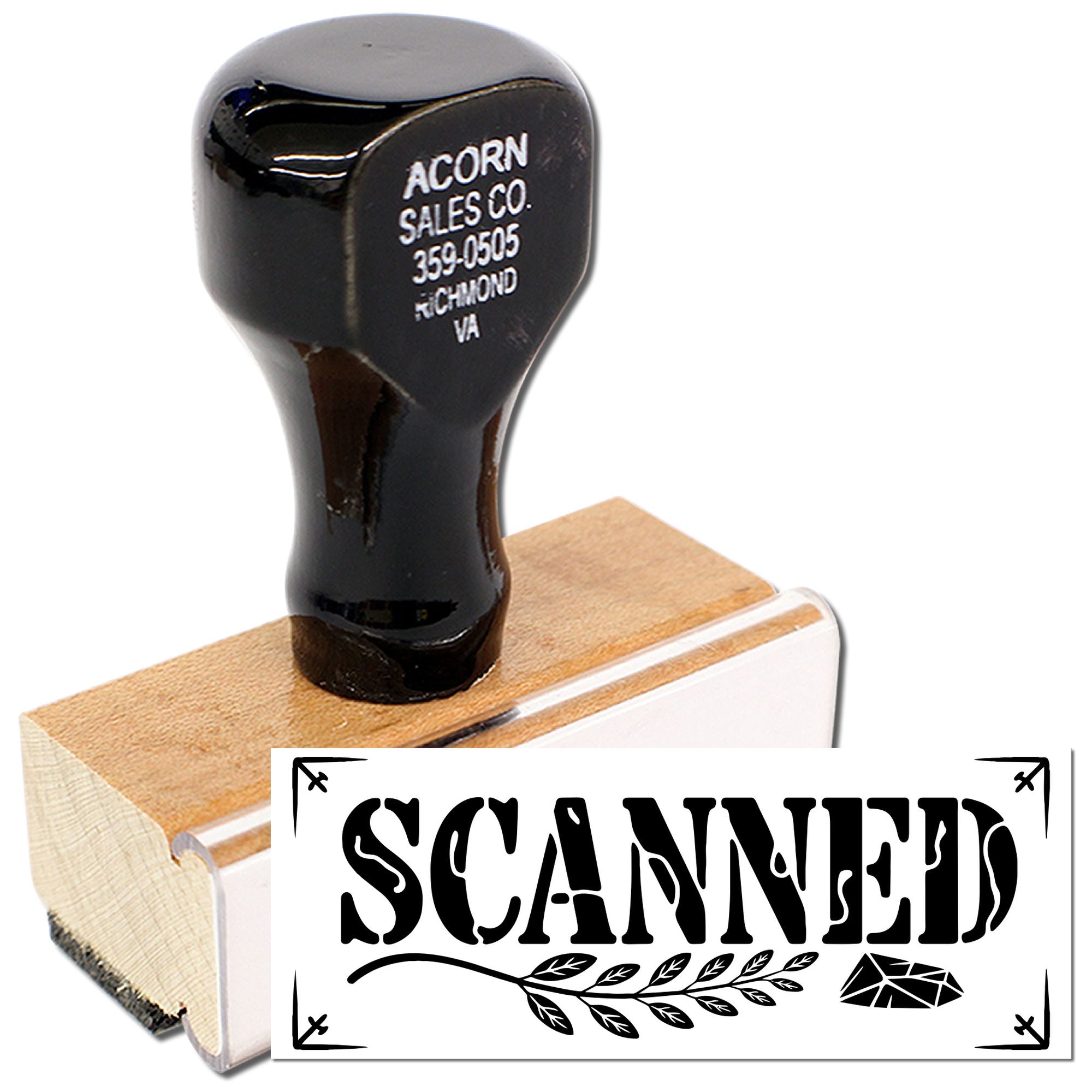 Custom rubber stamp with SCANNED design for office document marking and record processing.