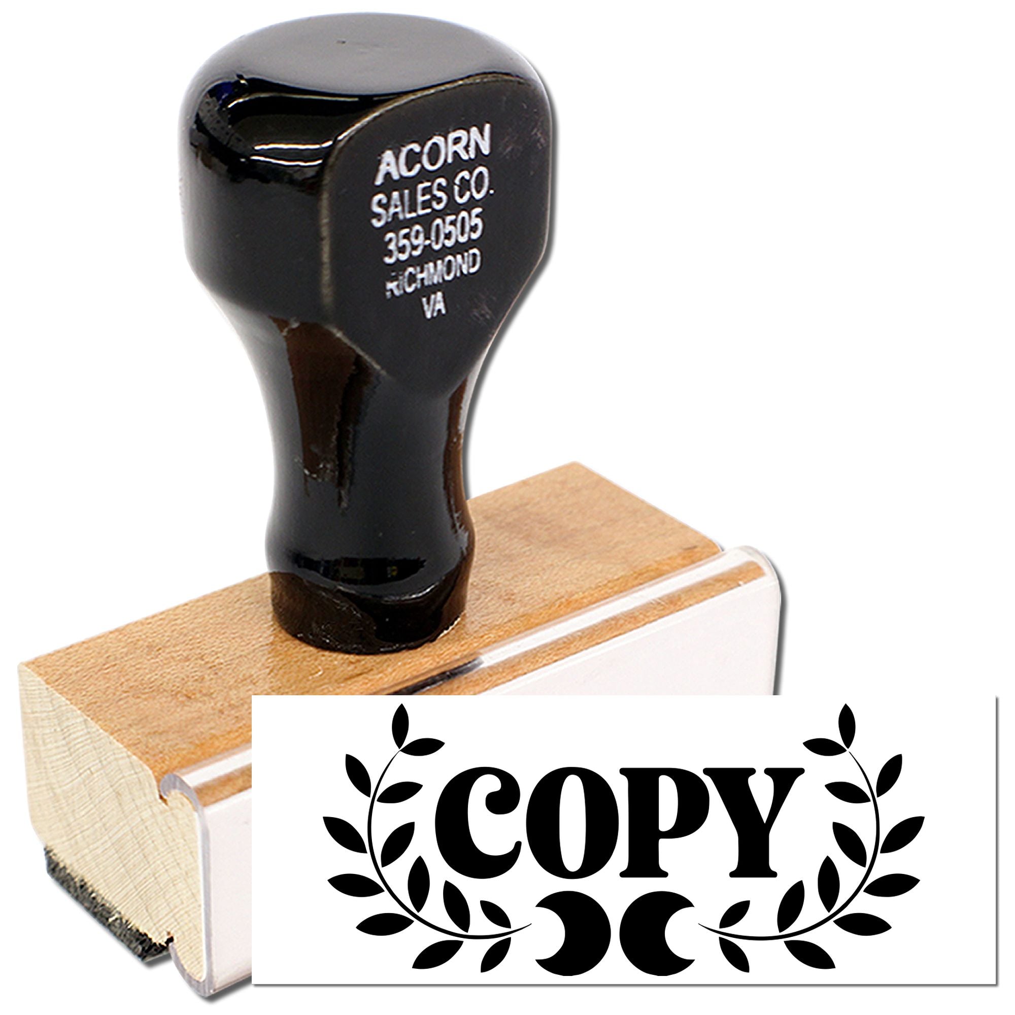 Custom wood handle rubber stamp with COPY leaf wreath design for office and business document marking.