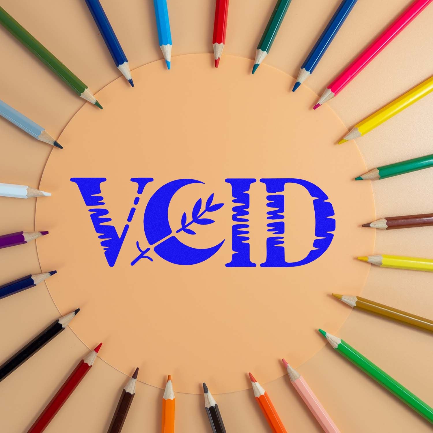 Colored pencils surrounding a blue VOID rubber stamp design for document cancellation and security marking.