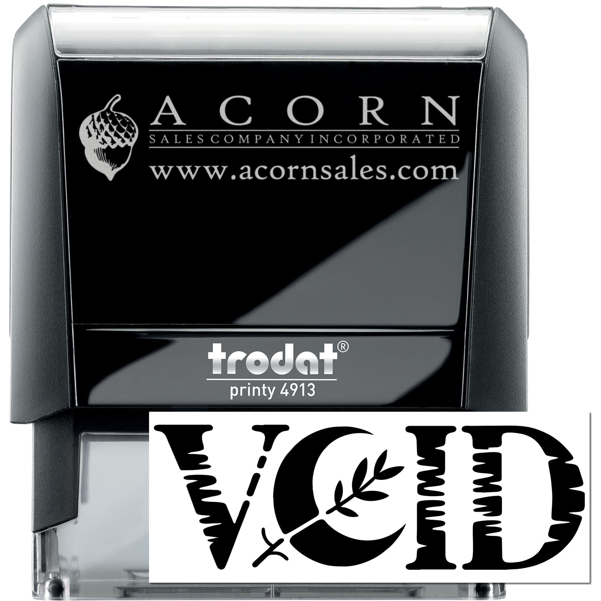 Trodat Printy 4913 custom self-inking rubber stamp with Acorn Sales logo, website, and VOID imprint for document marking.