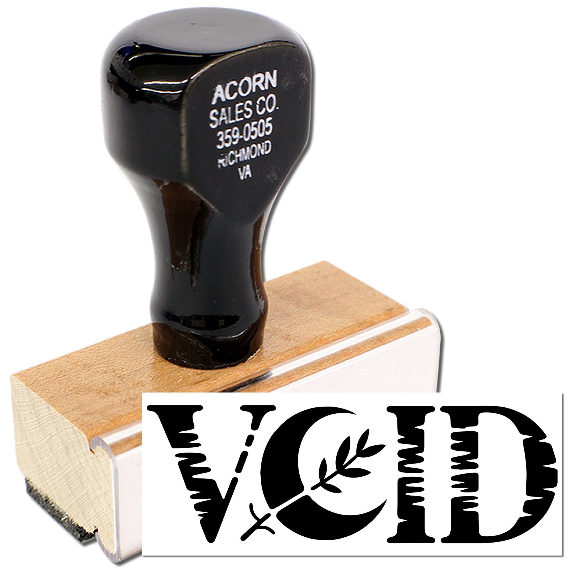 Wood-mounted VOID rubber stamp for marking paperwork canceled, invalid, or void.