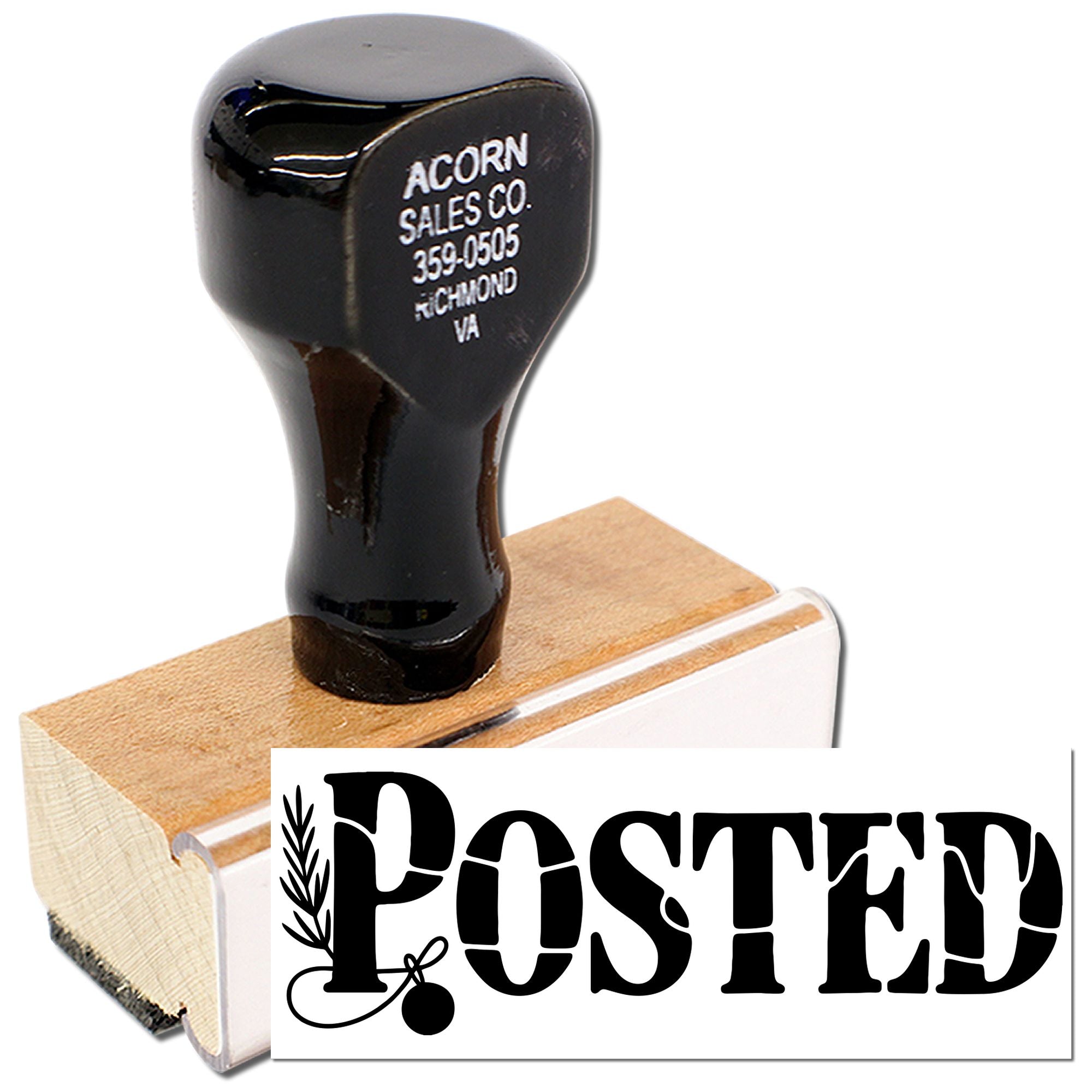 Wooden rubber stamp with POSTED impression for office mail handling and document approval.