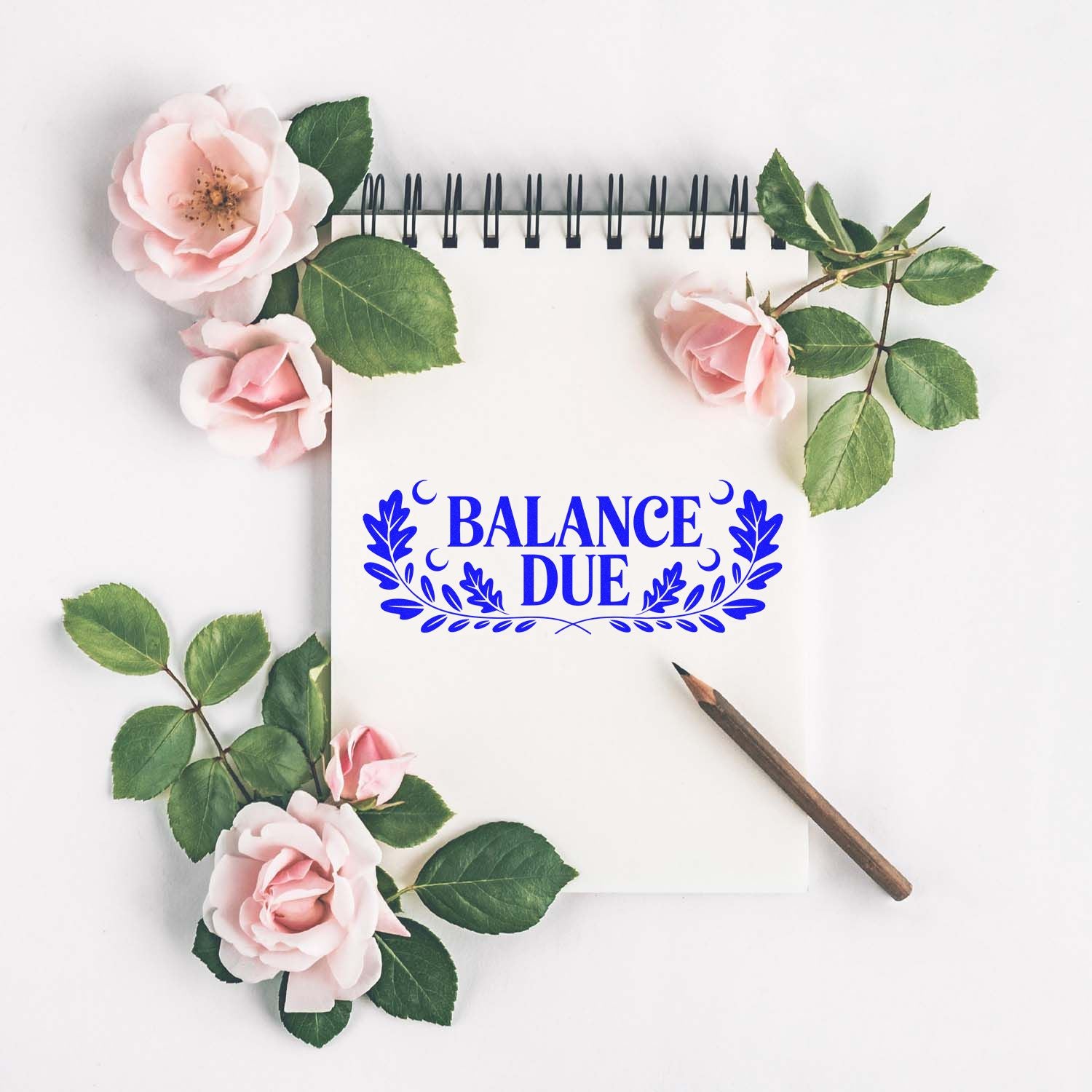 Balance Due rubber stamp design with floral laurel, ideal for invoices, accounting, and billing paperwork.