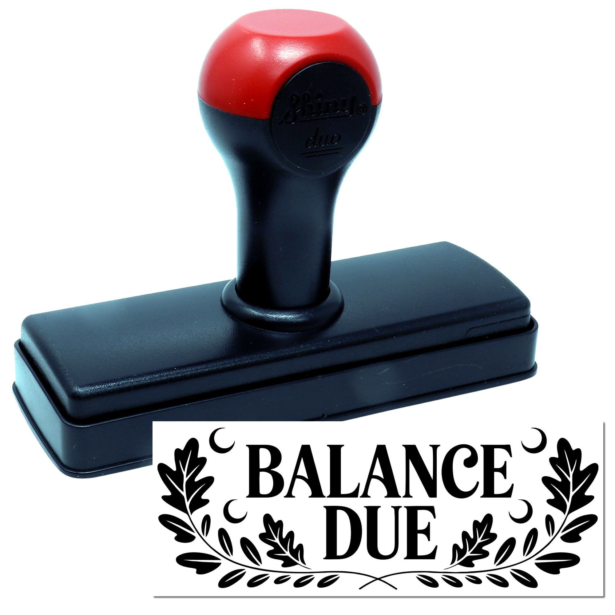 Self-inking rubber stamp showing BALANCE DUE imprint for billing, accounting, and office use