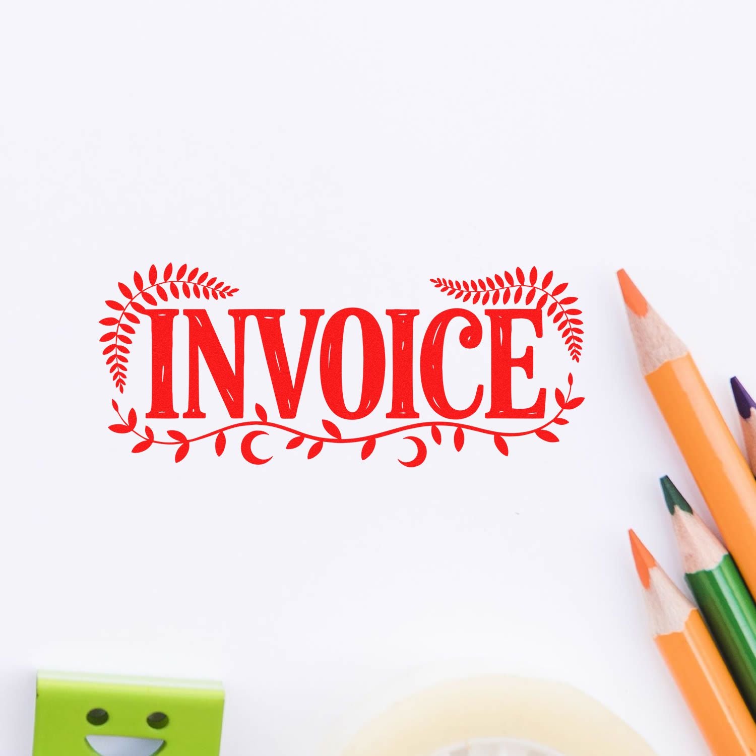 Decorative invoice rubber stamp with floral border for business billing, accounting forms, and office paperwork.