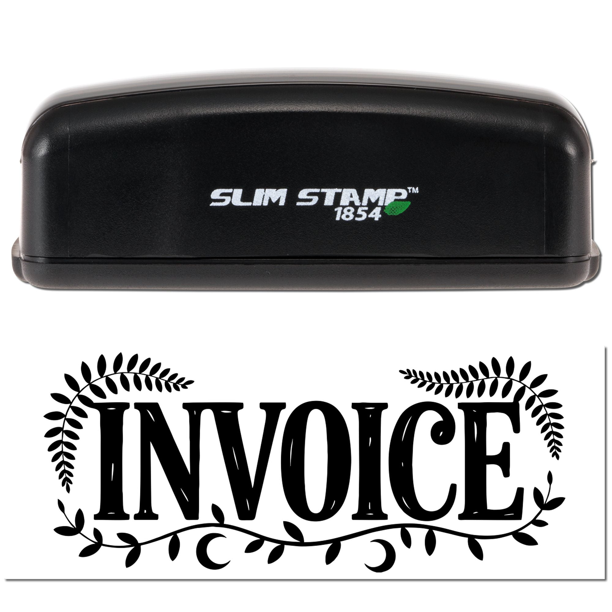 Slim Stamp 1854 custom rubber stamp with decorative leaf border and INVOICE imprint for business billing and accounting.