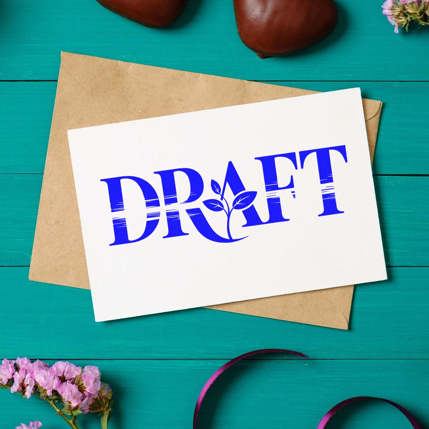 Draft rubber stamp design on a card and envelope, ideal for handmade stationery and craft branding.
