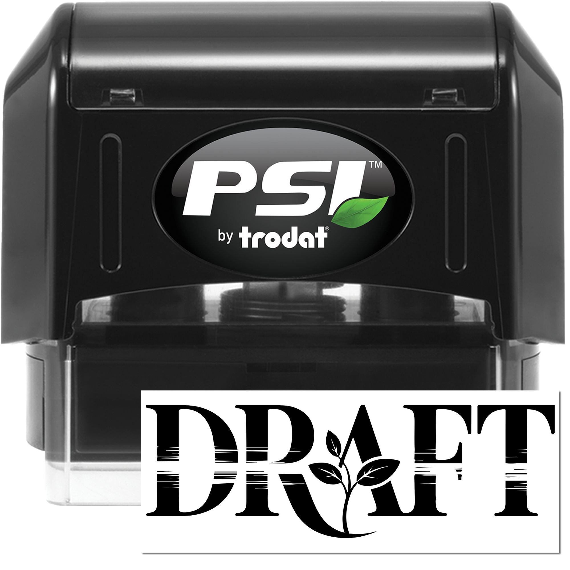 PSI by Trodat self-inking rubber stamp with custom DRAFT imprint and leaf design for office document marking.