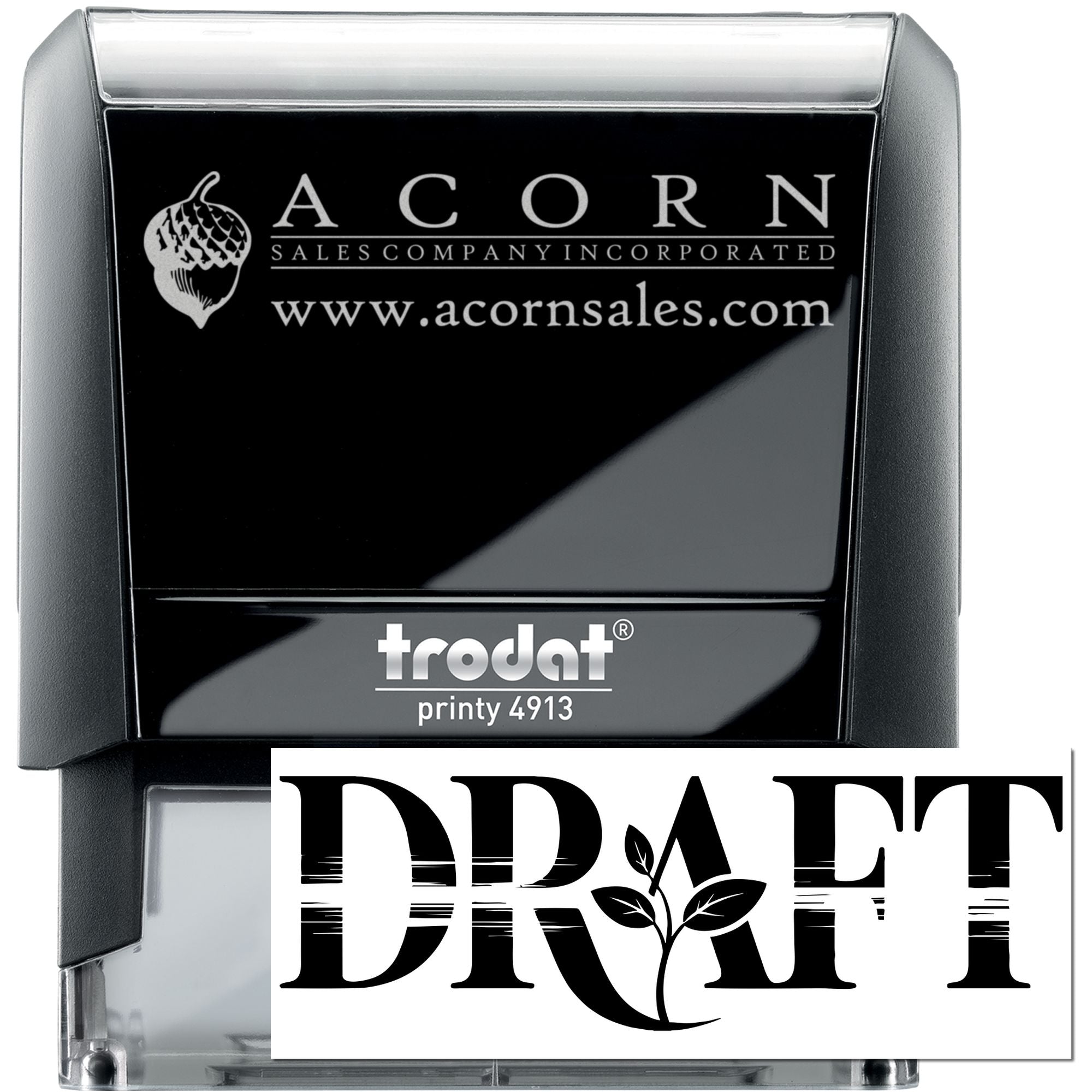 Custom self-inking rubber stamp with Acorn Sales Company logo and website, Trodat Printy 4913 for business branding