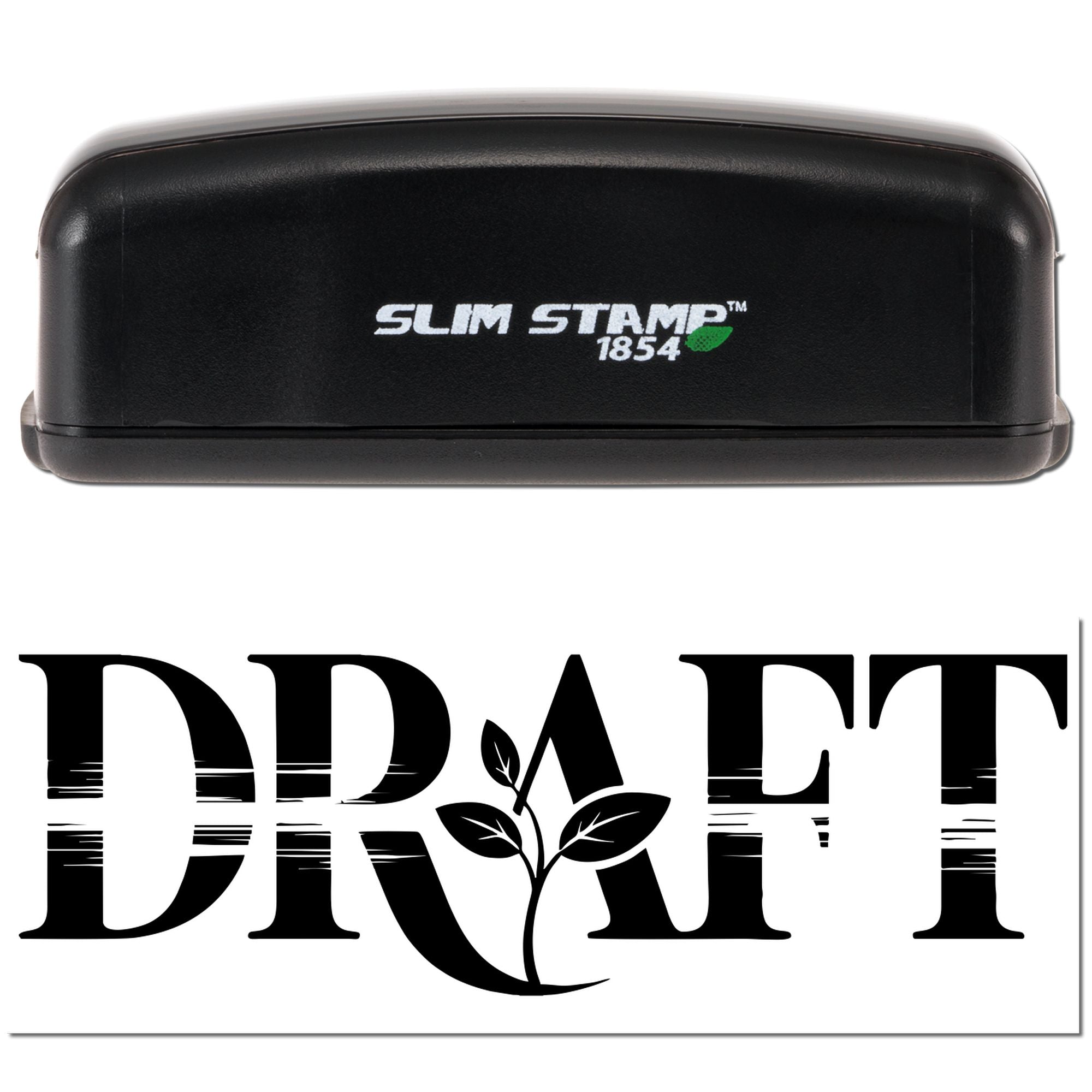 Slim Stamp 1854 rubber stamp with DRAFT and leaf design for marking documents and proofs.
