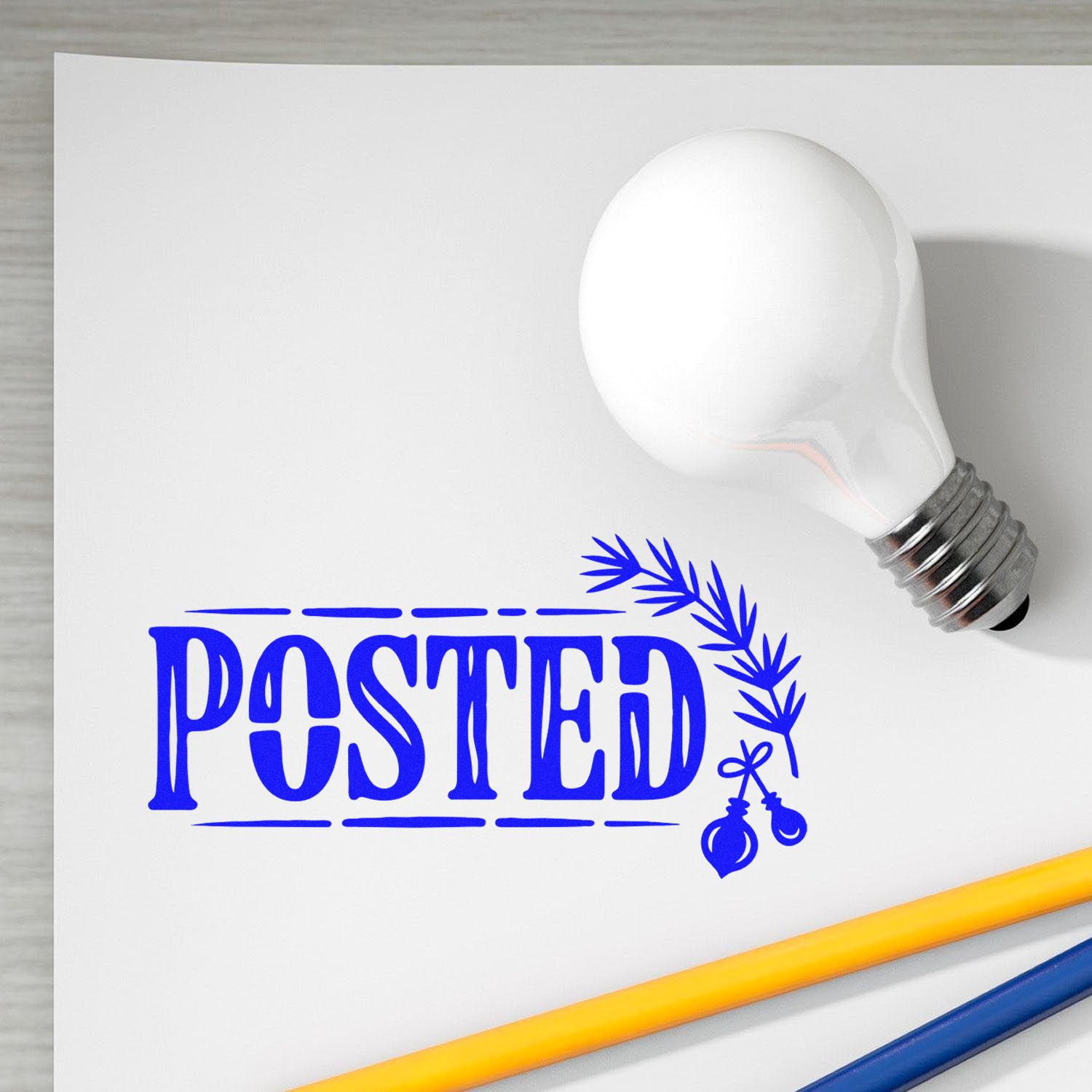 Blue POSTED rubber stamp design with decorative branch accent for office documents, mail, and packaging use.