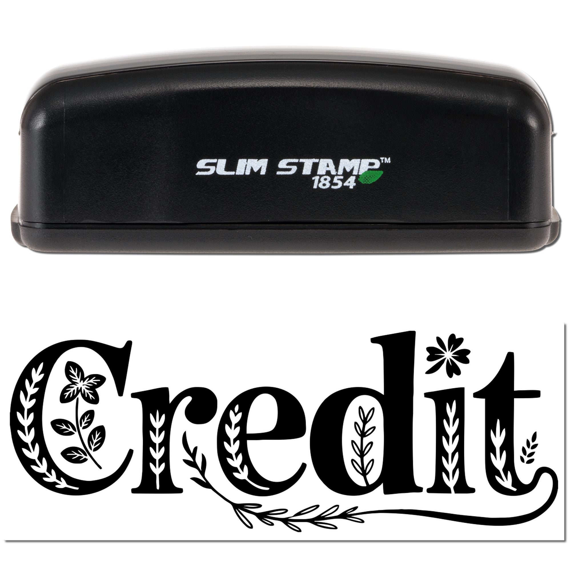 Slim Stamp 1854 self-inking rubber stamp with decorative Credit word design for custom labeling and crafting.