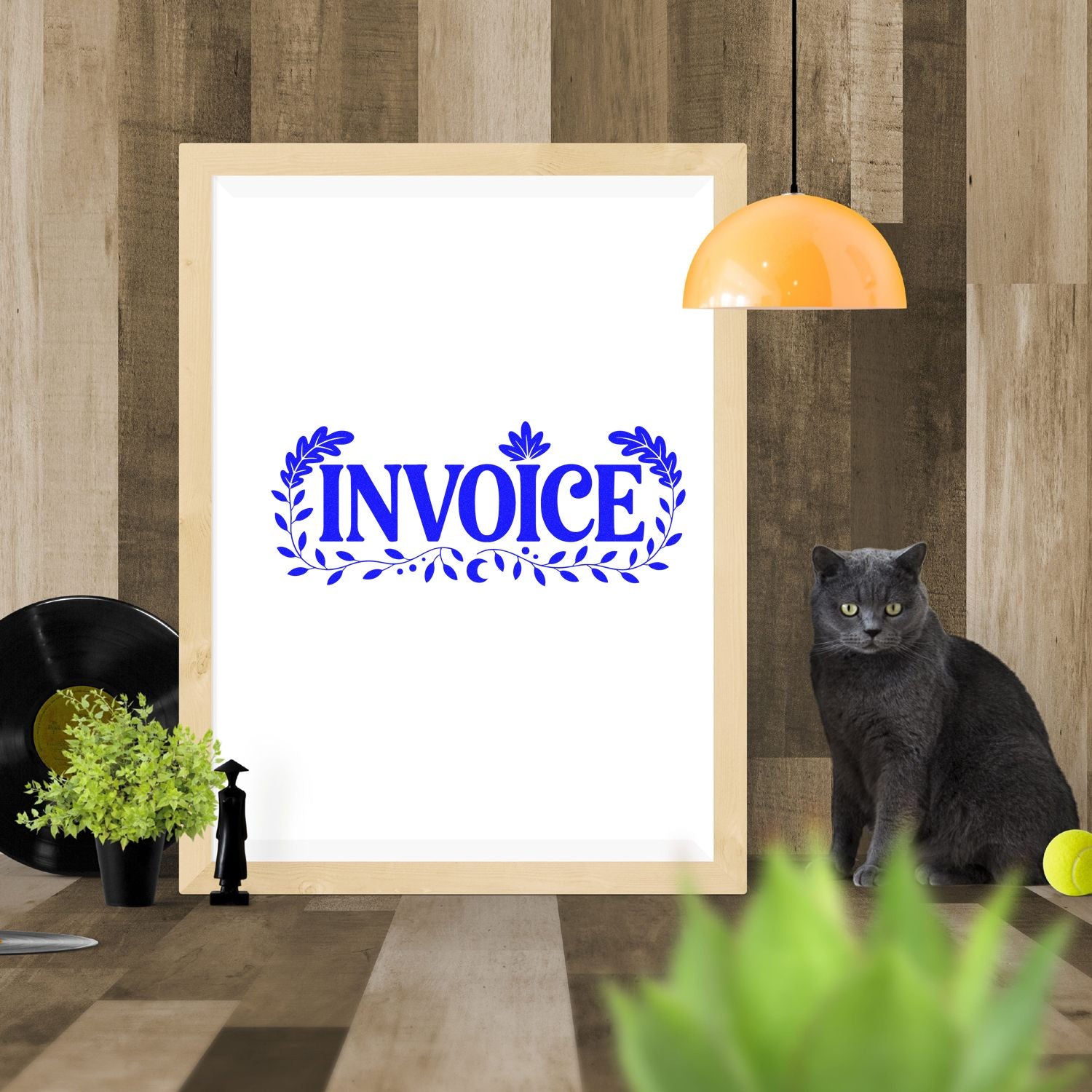 Blue invoice rubber stamp design mockup with decorative laurel border on white paper.