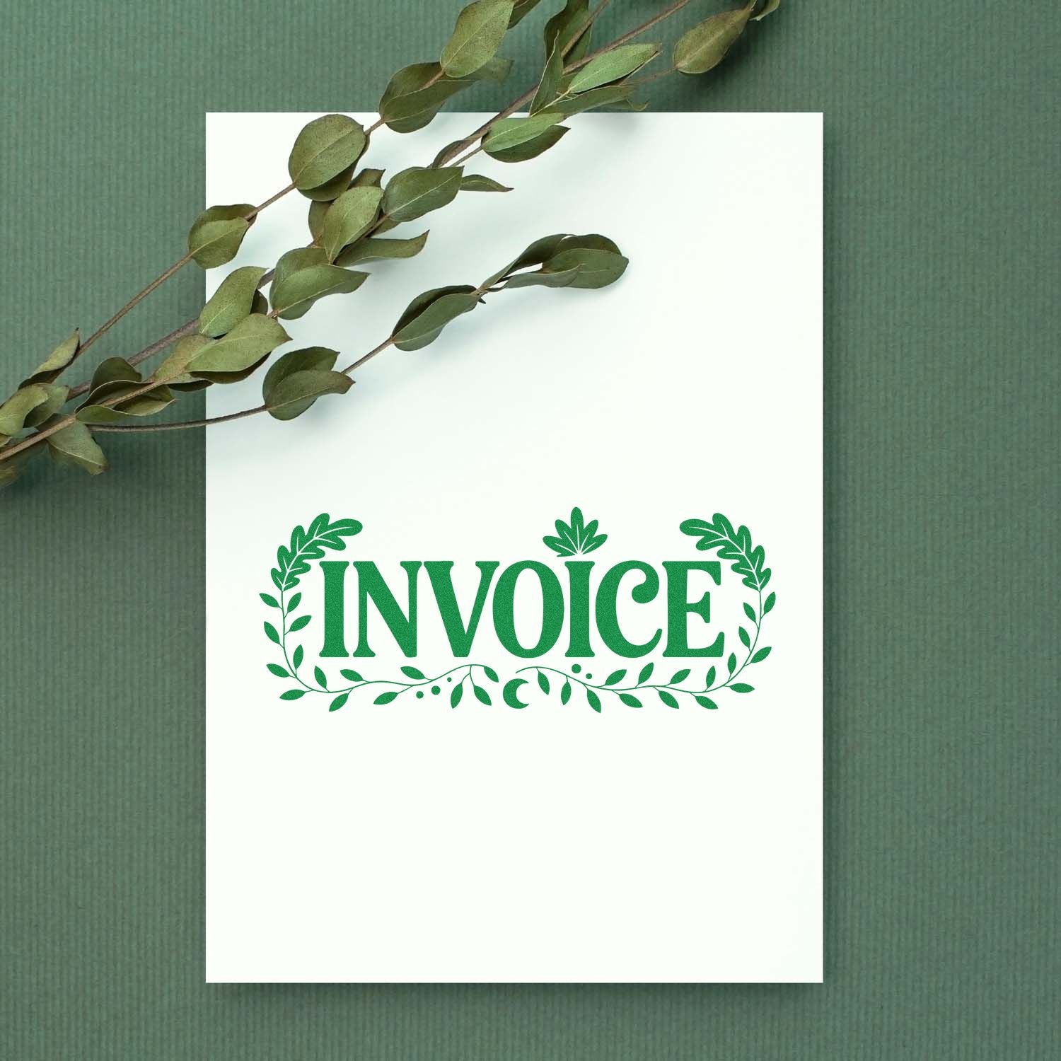 Invoice rubber stamp with leafy wreath design, perfect for business bookkeeping, billing, and organized office paperwork.