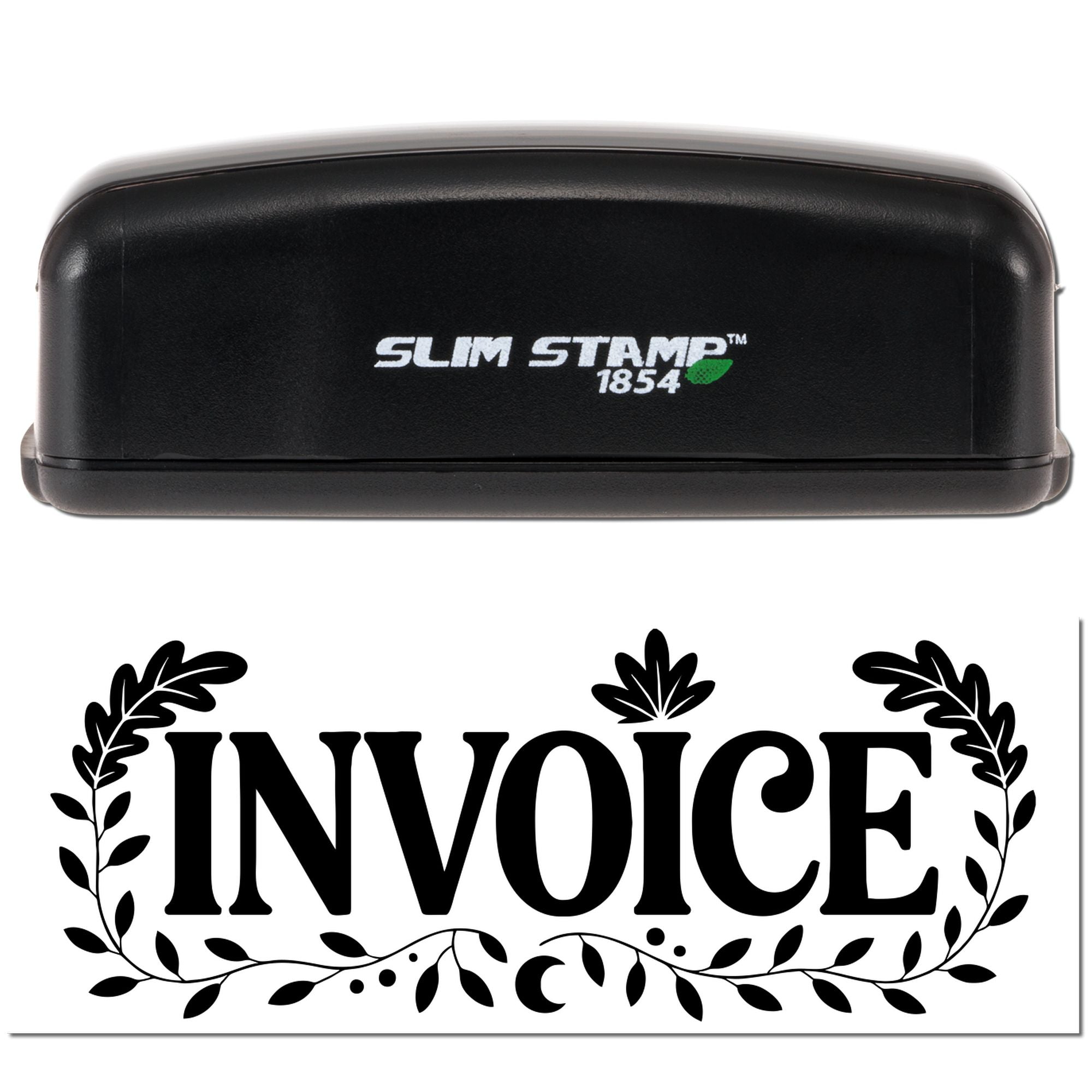 Slim Stamp 1854 self-inking rubber stamp with custom invoice design and decorative leaf border.