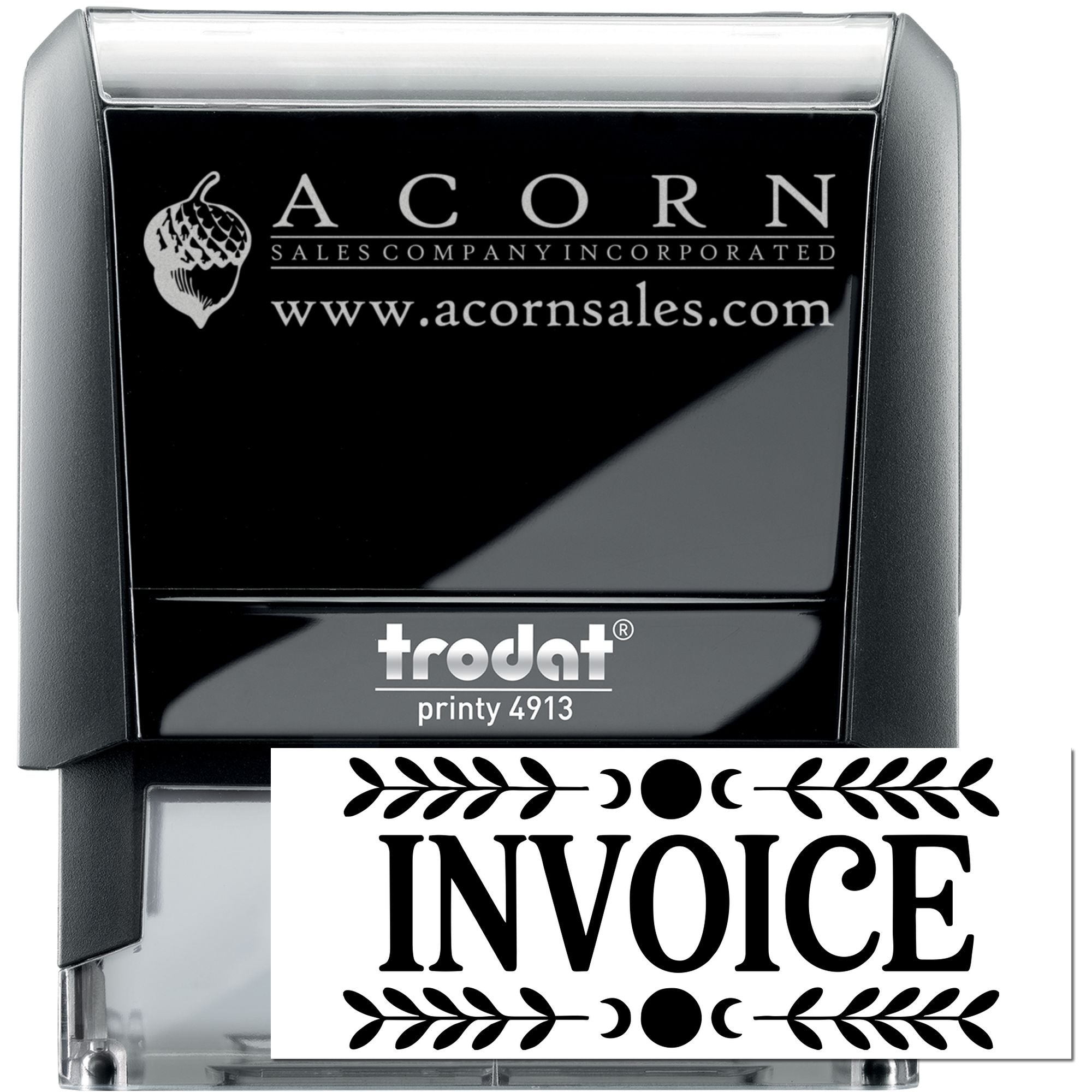 Custom self-inking rubber stamp for invoices, Trodat Printy 4913, with Acorn Sales Company logo and website.