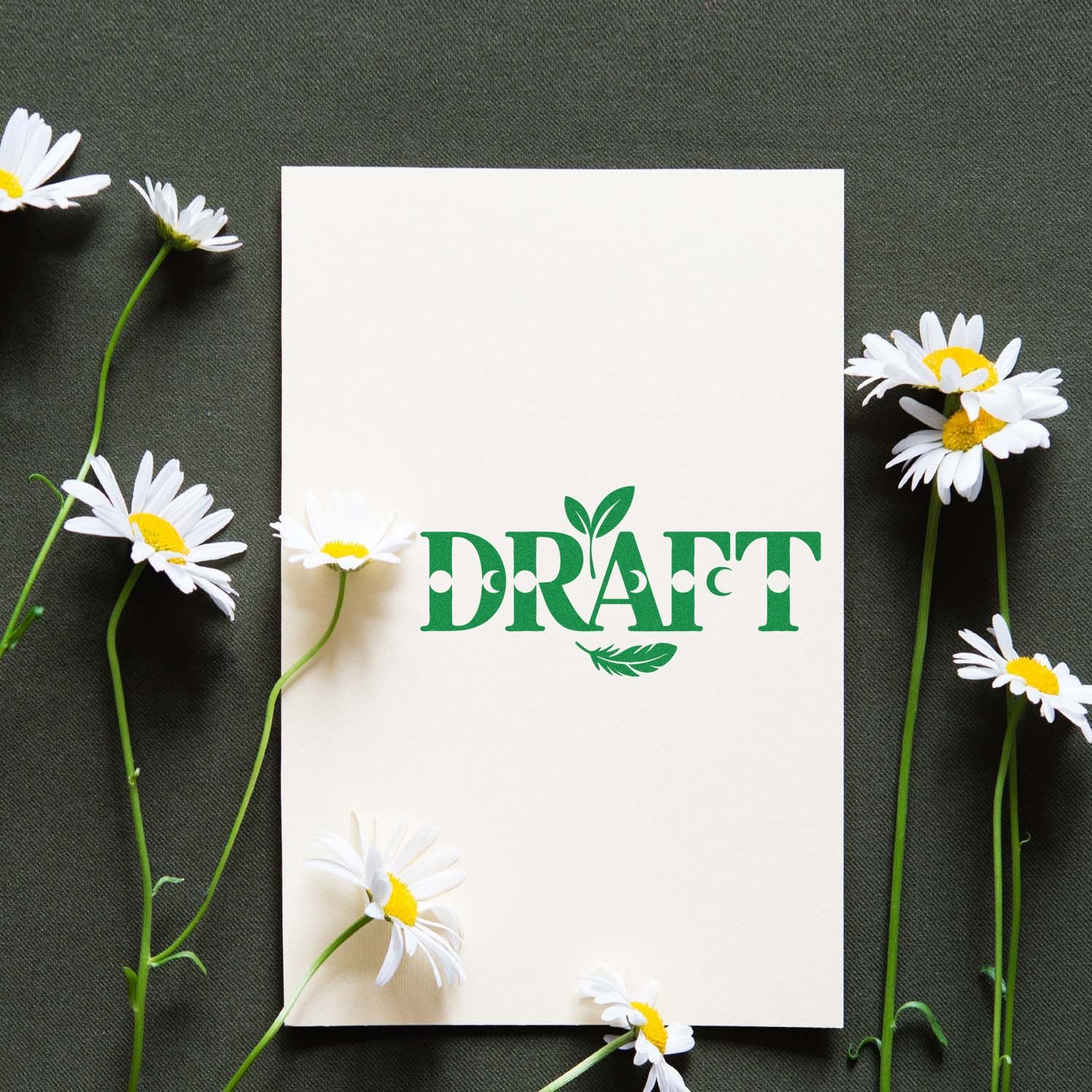Green floral craft rubber stamp design on white card, styled with daisies for handmade stationery and paper crafts.