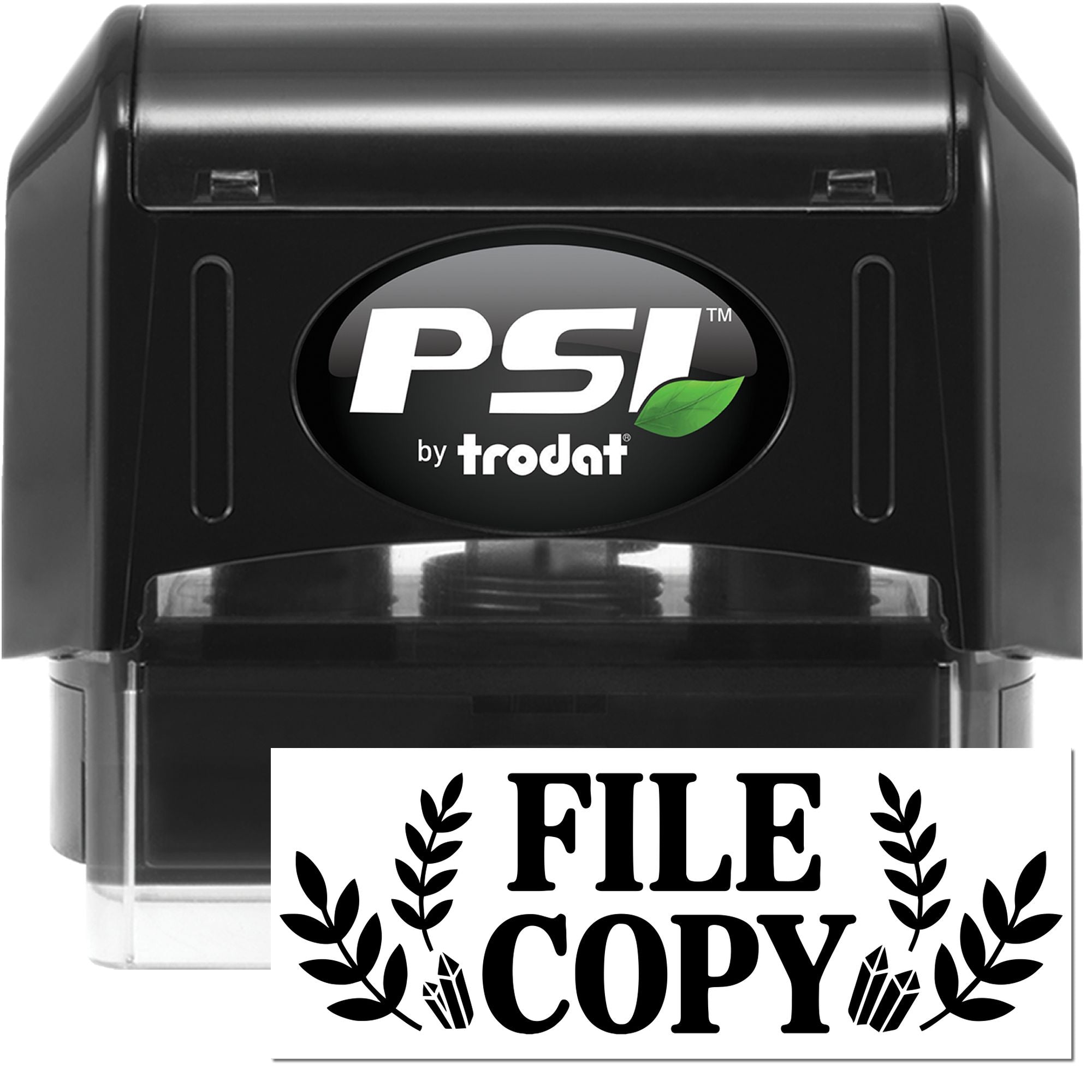 Self-inking rubber stamp by PSI Trodat with FILE COPY imprint for office document organization.