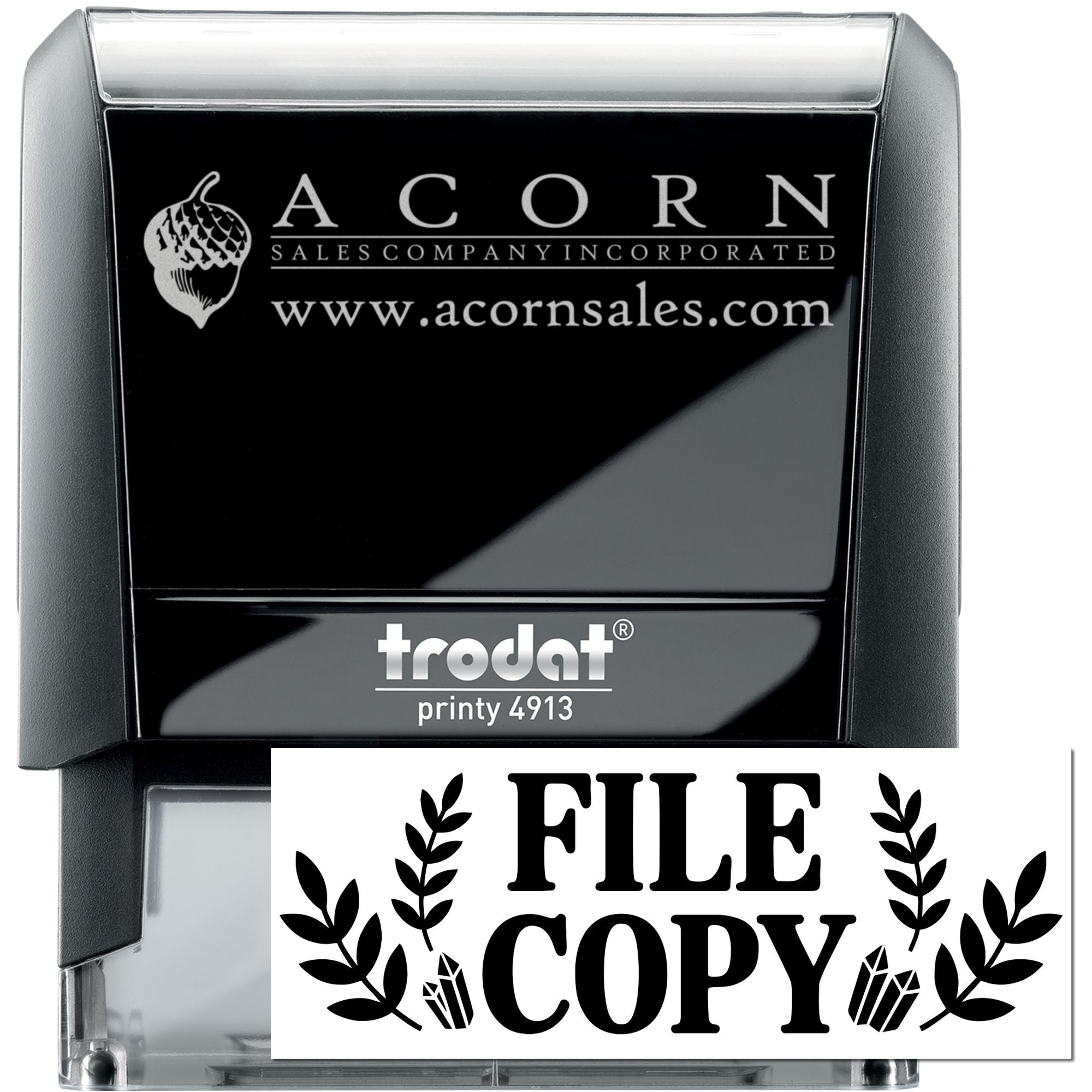 Trodat Printy 4913 custom rubber stamp with Acorn Sales logo and File Copy imprint for document labeling.