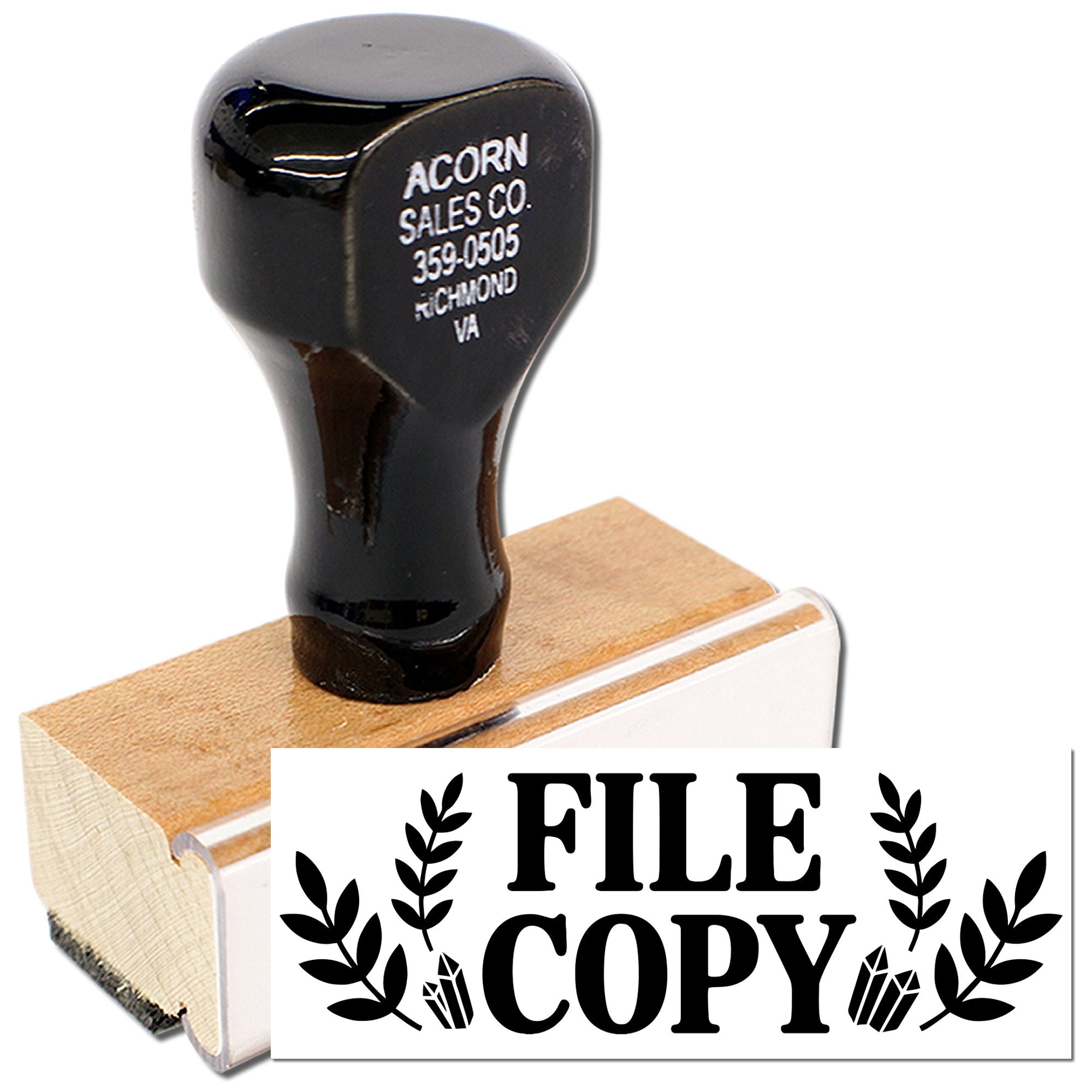 Wooden rubber stamp with FILE COPY imprint for marking office documents and duplicate records.
