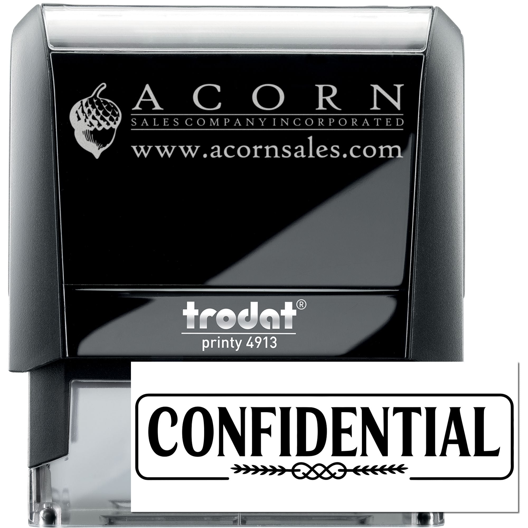 Custom self-inking rubber stamp, Trodat Printy 4913, with Acorn Sales logo and Confidential marking.