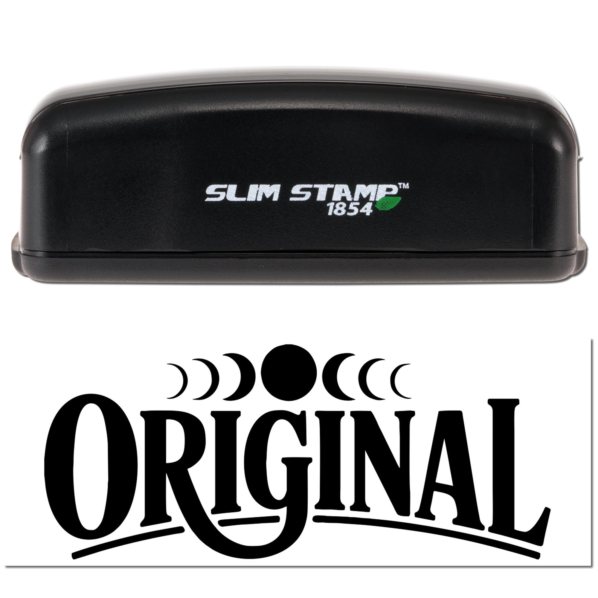 Slim Stamp 1854 self-inking rubber stamp with ORIGINAL moon phase logo, ideal for custom branding and packaging.