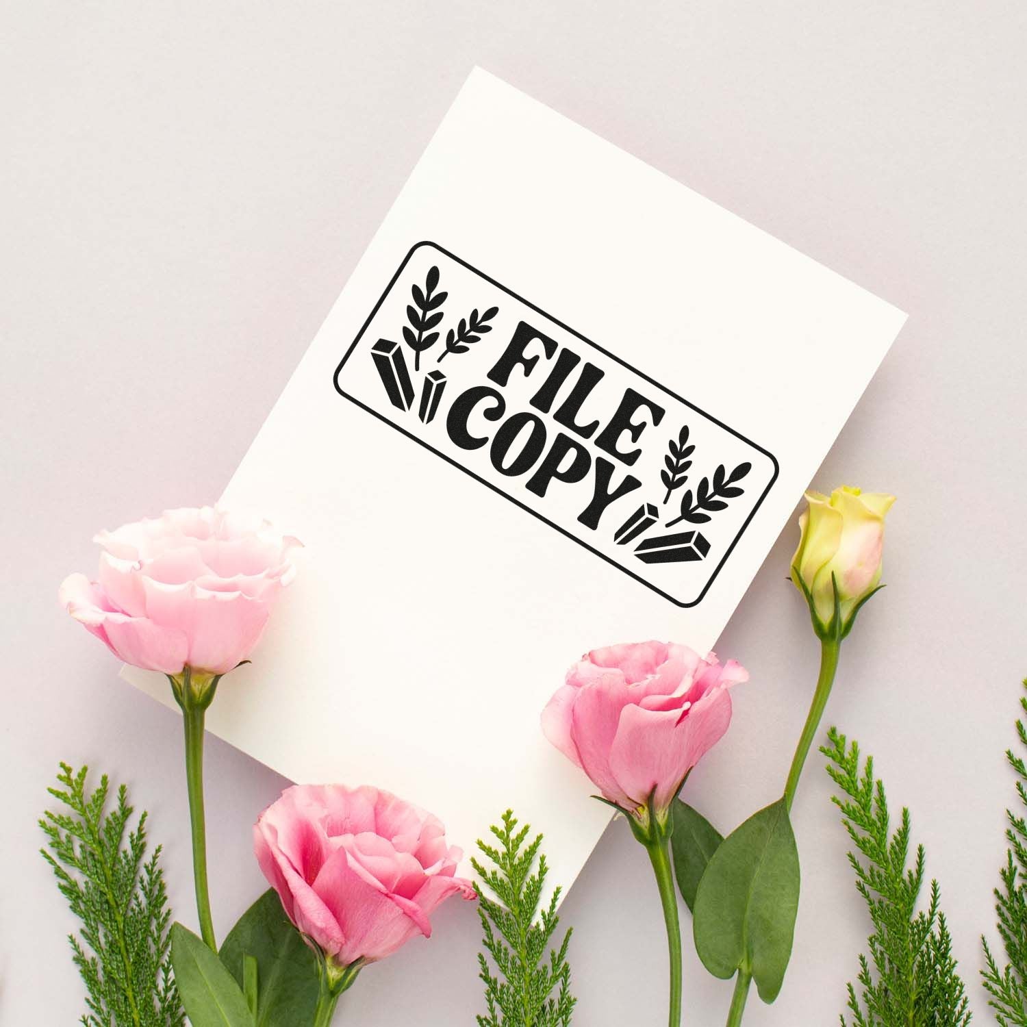 File Copy rubber stamp on white card with floral decor, perfect for office document labeling and duplicate file marking.
