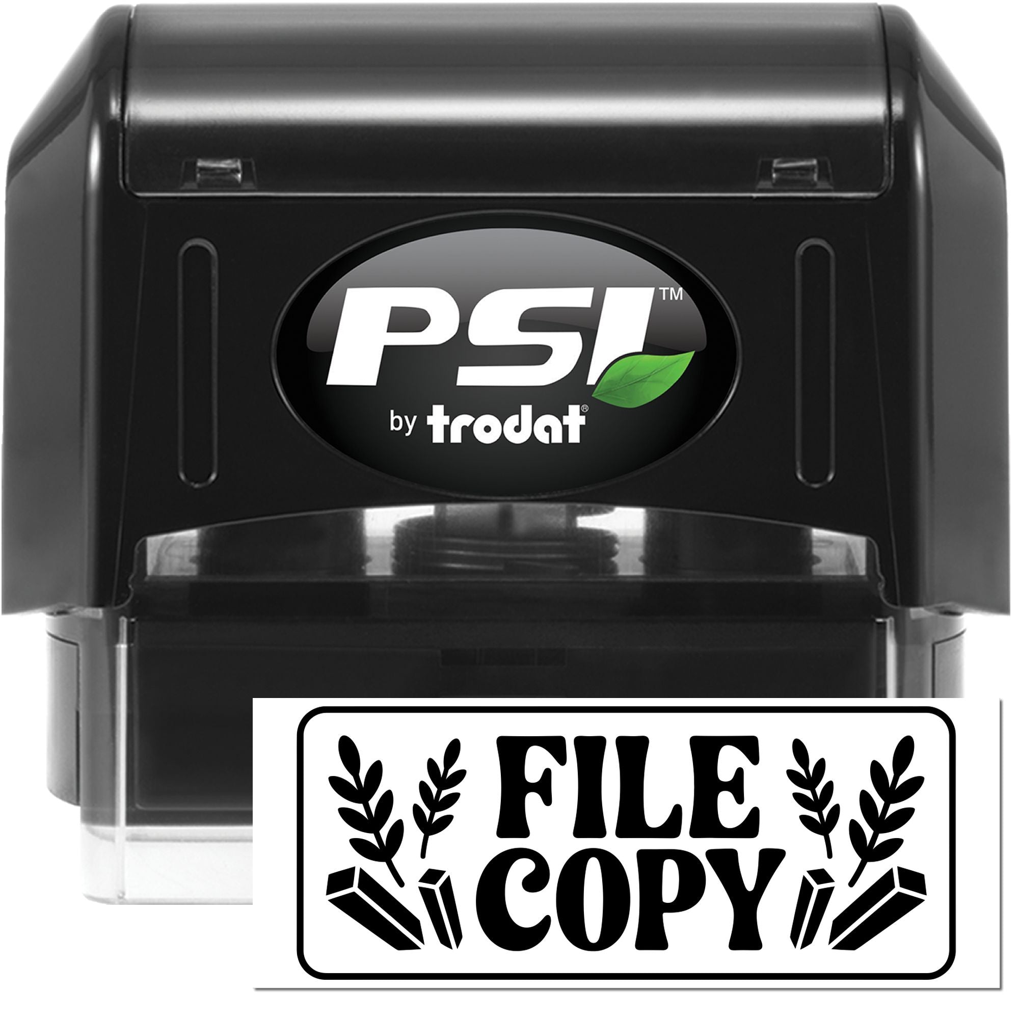 PSI by Trodat self-inking rubber stamp for marking documents with FILE COPY office copy label.