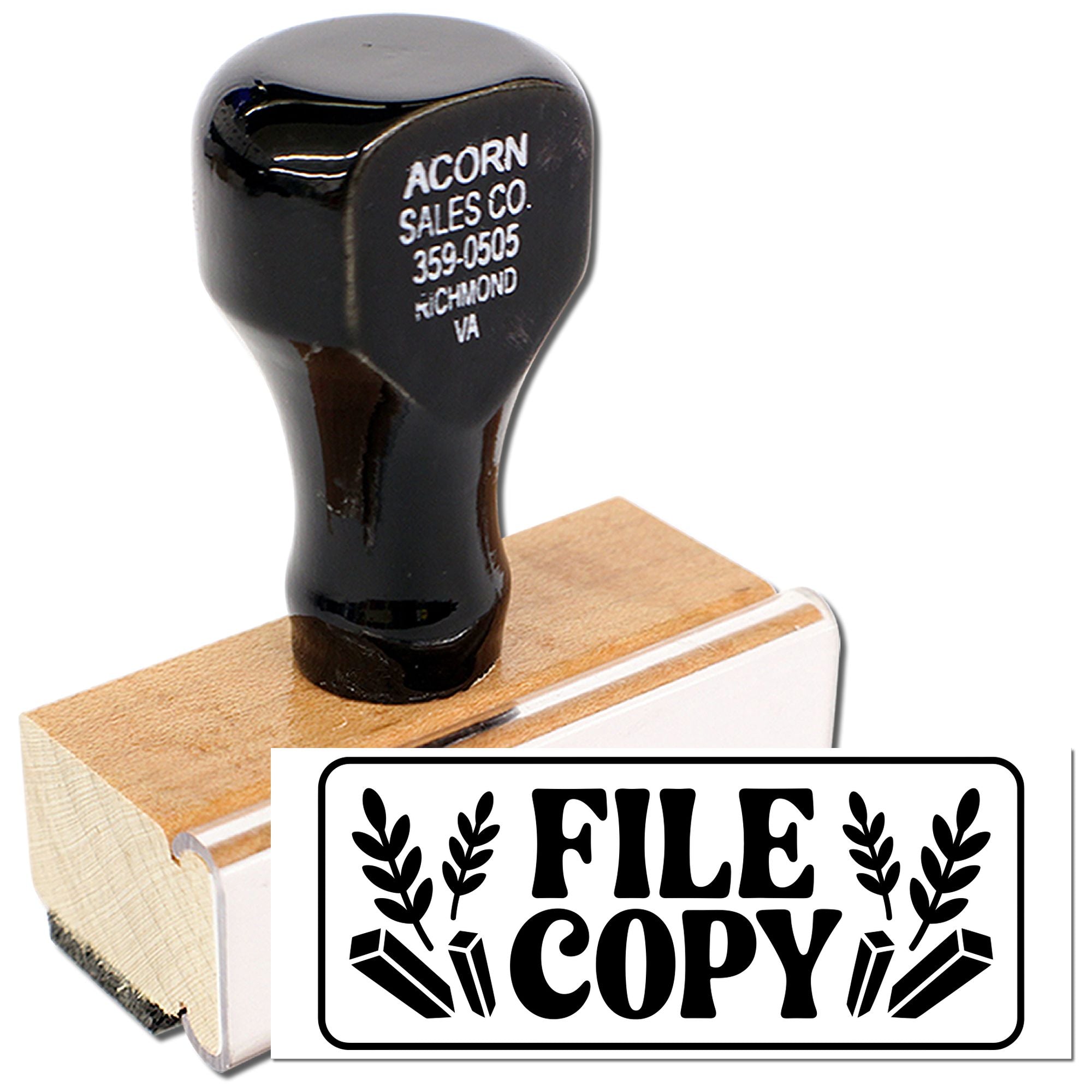 Wooden rubber stamp with FILE COPY design for office document tracking and record keeping