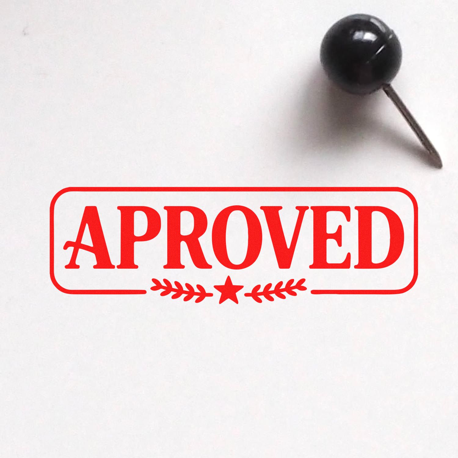 Red Approved rubber stamp design for office document approval, with decorative border and stamp handle.