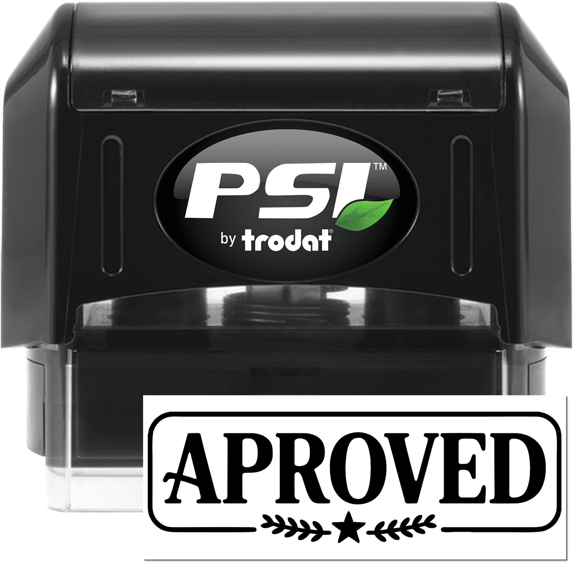 PSI by Trodat self-inking rubber stamp with Approved imprint for fast office document approval.