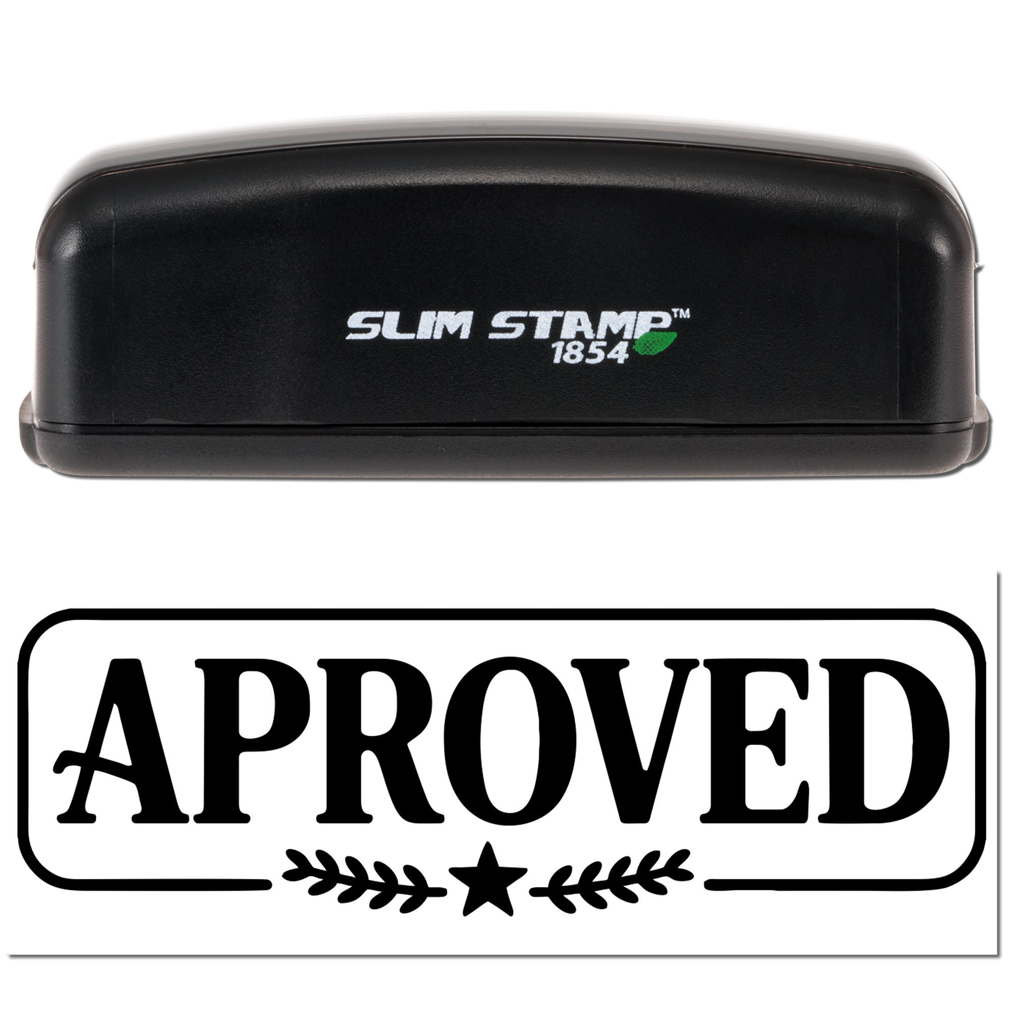 Slim Stamp 1854 self-inking rubber stamp showing bold Approved imprint for quick office document approval.