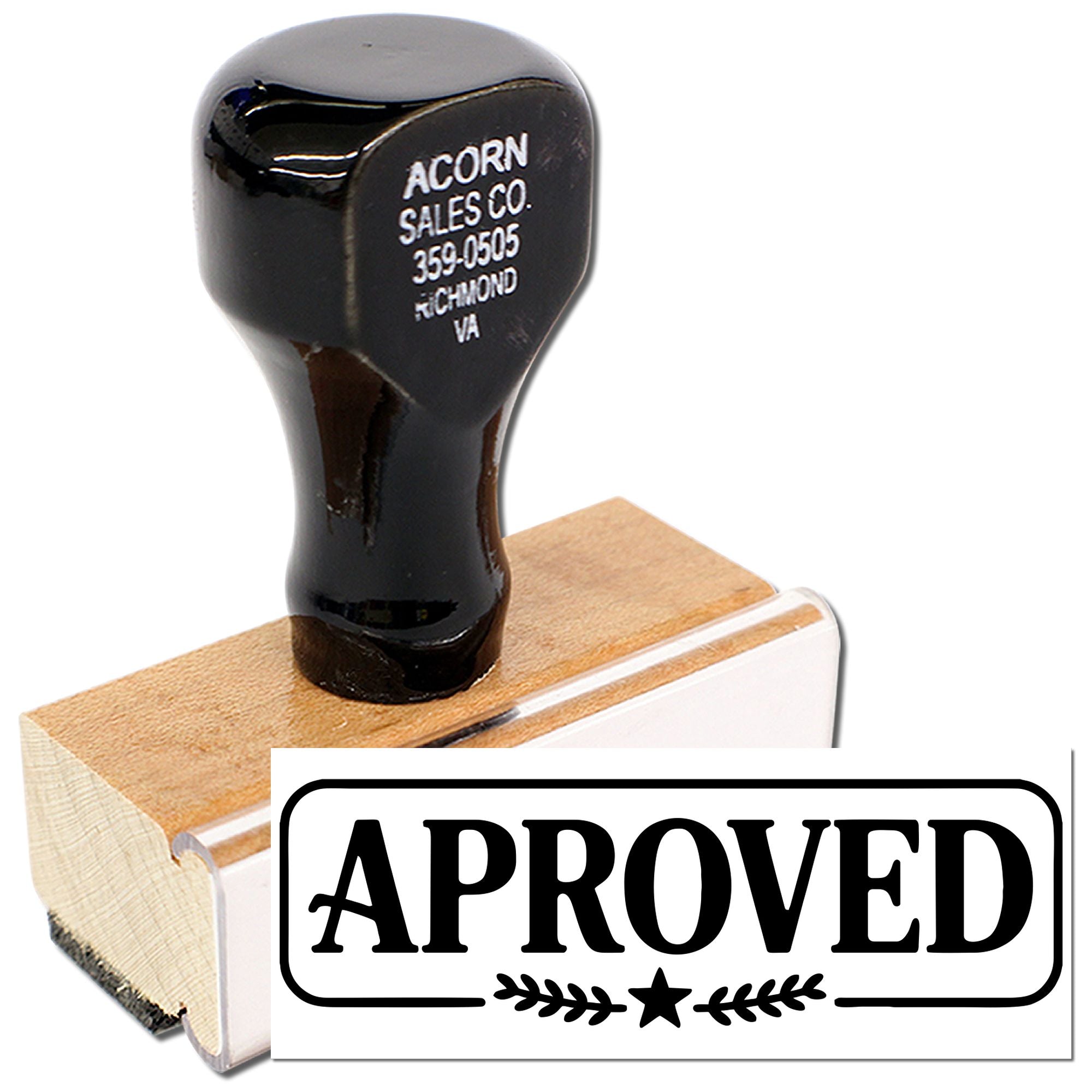 Wooden rubber stamp with APPROVED imprint for office document approval and business paperwork.