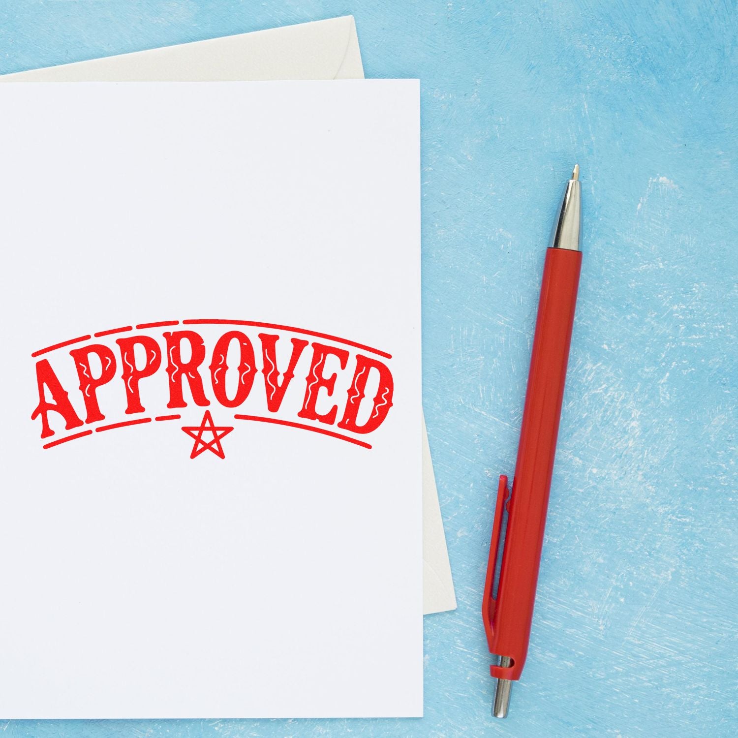 Approved rubber stamp impression on white paper with red pen, perfect for office approval and business paperwork.