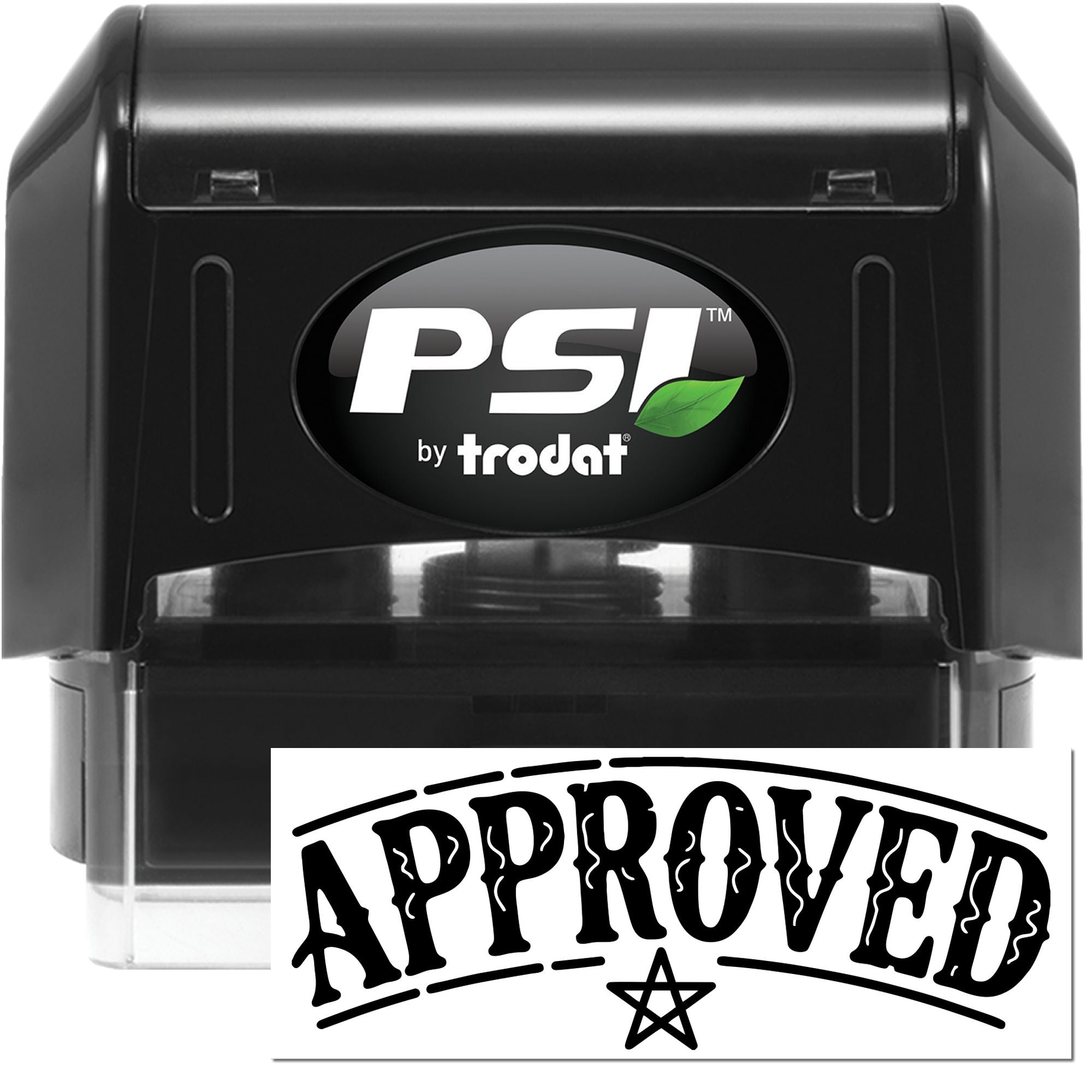 PSI by Trodat self-inking APPROVED rubber stamp for office paperwork, approvals, and quality control marking.
