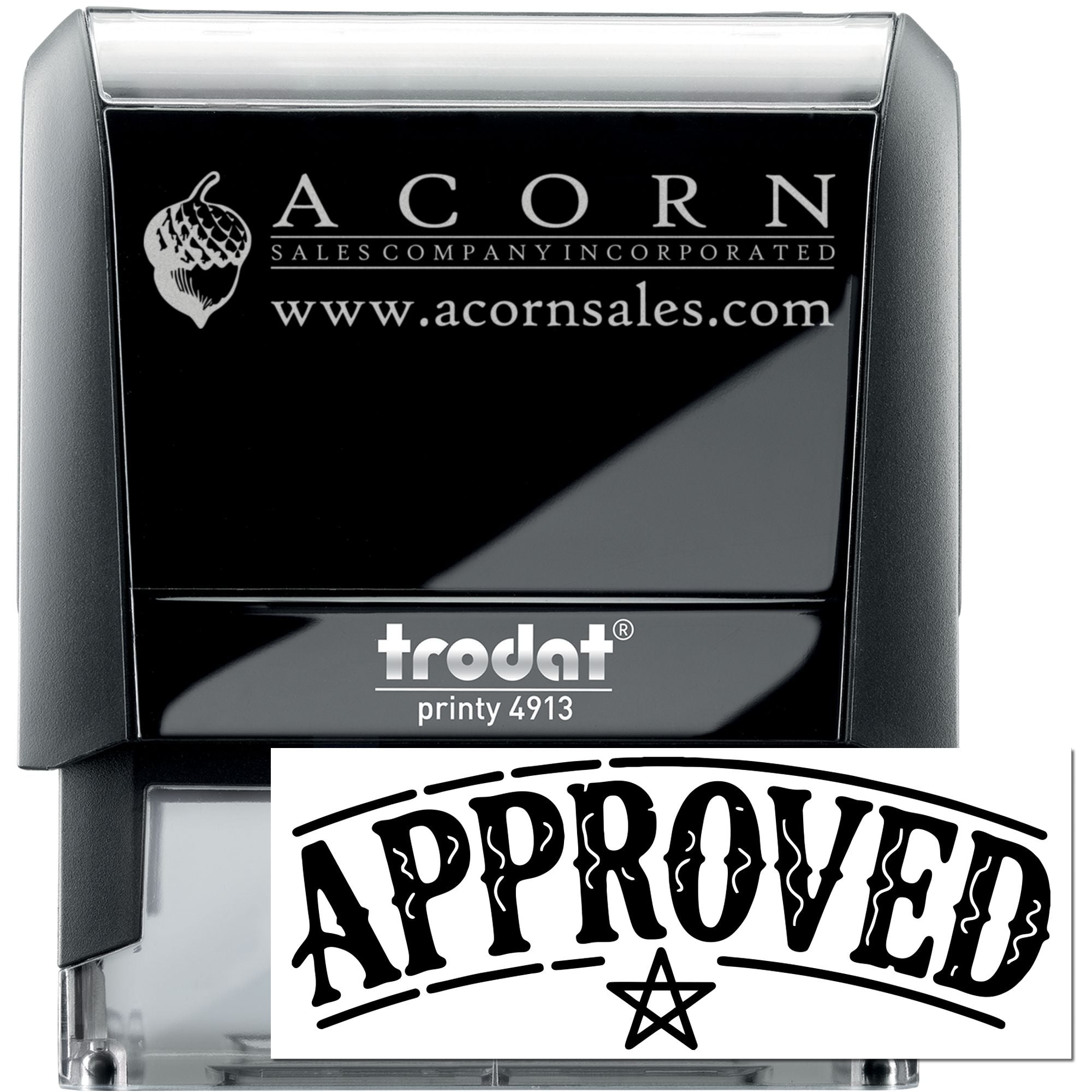 Custom self-inking rubber stamp with Acorn Sales Company logo and approved imprint for business document approval.