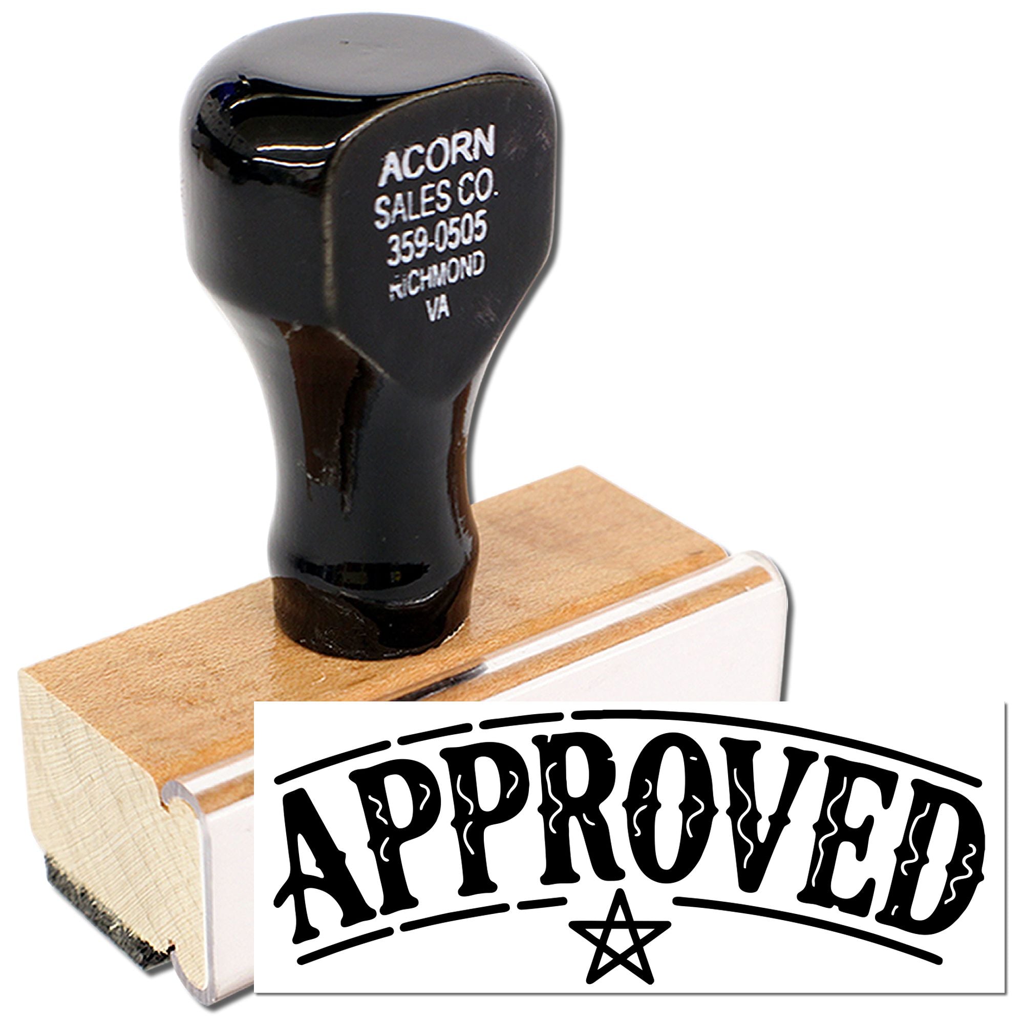 Approved rubber stamp with wooden handle for office use, document marking, and quality control.